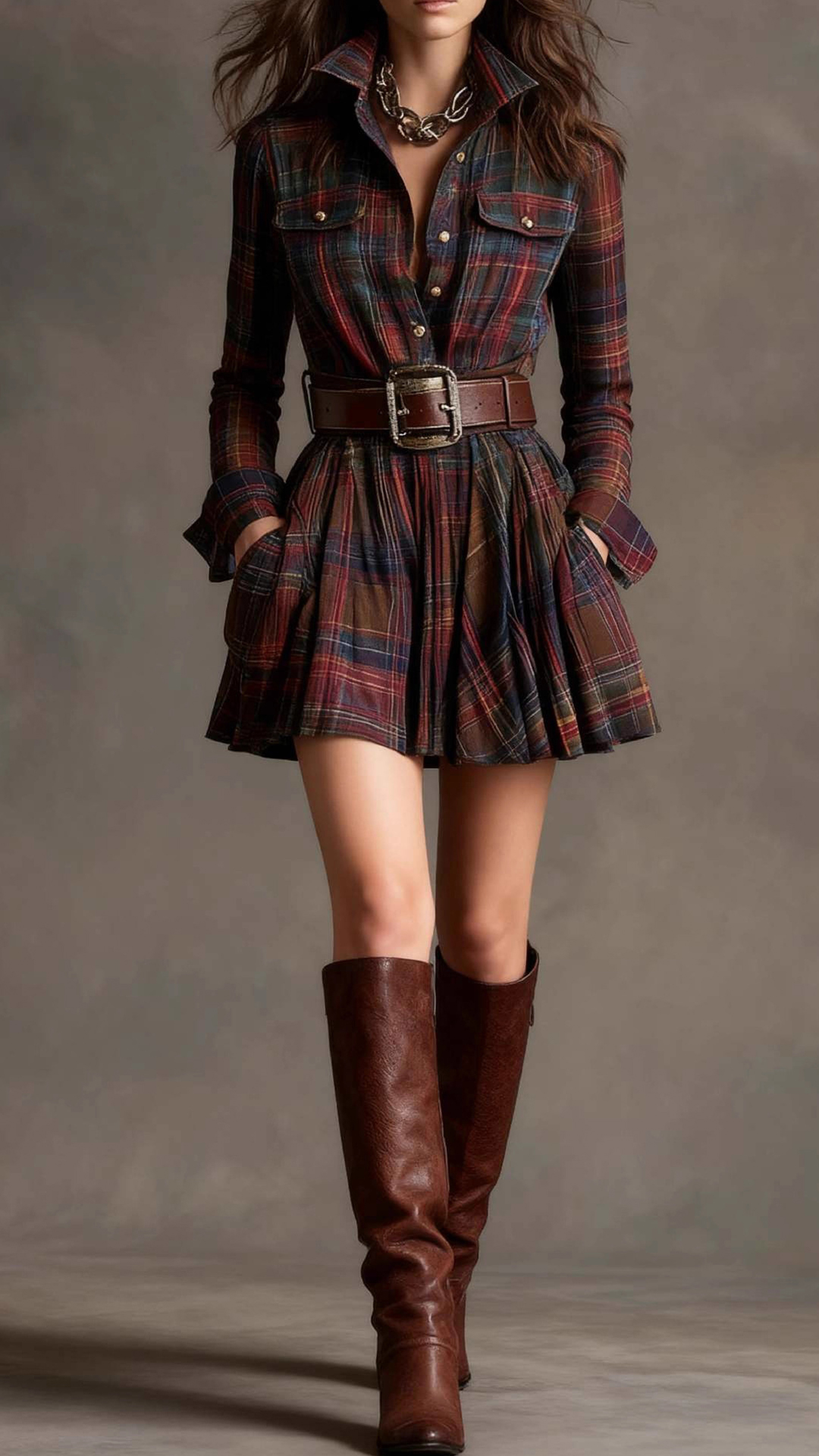 Women's Cotton‑blend Plaid Long‑sleeve Lapel Belted Pleated Mini Dress - Nordfashionstorm - Women's Clothing, Fashion for You - Nordfashionstorm.com