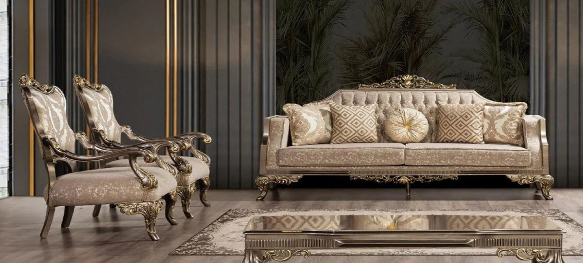 Luxury Baroque Living Room Set Gray / Beige / Silver / Gold - 2 Baroque Sofas with Pattern & 2 Baroque Armchairs with Pattern & 1 Baroque Coffee Table - Baroque Living Room Furniture