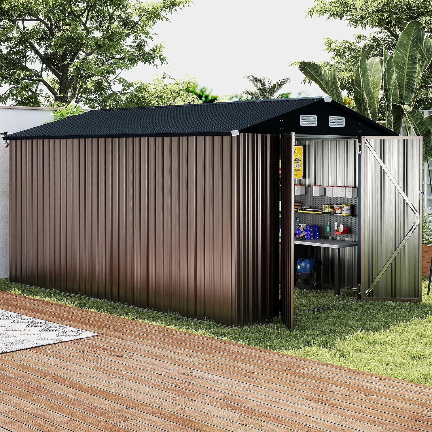 RELAX4LIFE Casetta da Giardino 350 x 223 x 197 cm,con Tetto Inclinato e Porta Doppia, con 4 Finestre Traspiranti, Magazzinaggio Attrezzi
