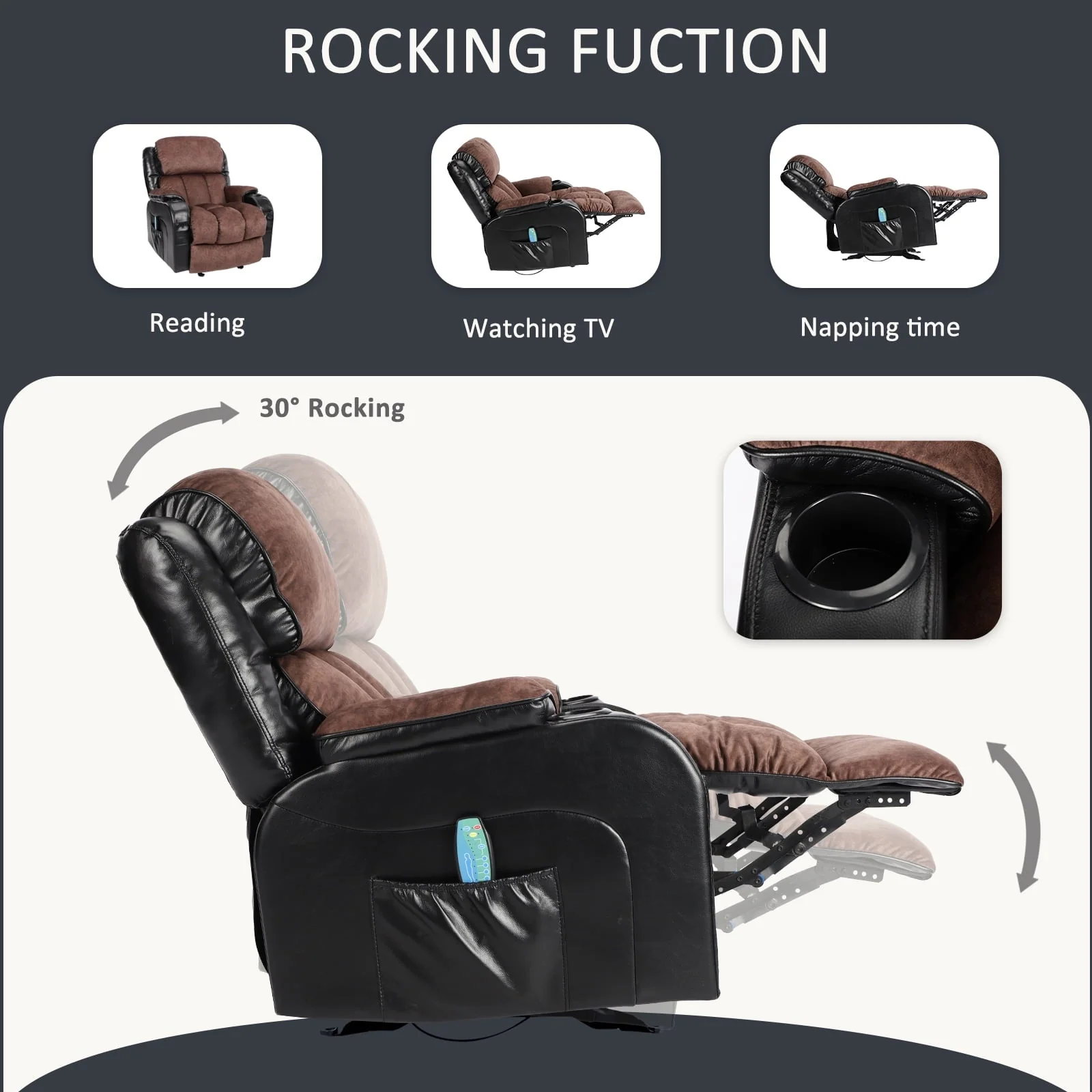 Leather Massage Recliner Chair, Modern Electric Power Rocker with Heated Massage, Ergonomic Lounge Chair, SEGMART Single Sofa Seat with Drink Holders for Living Room, Black and Brown