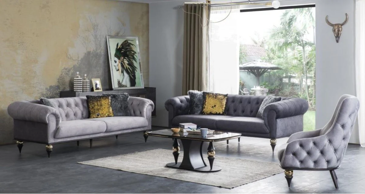 Luxury Art Deco Chesterfield living room set - 2 sofas & 2 armchairs & 1 coffee table with glass top in marble look - Elegant Art Deco living room furniture