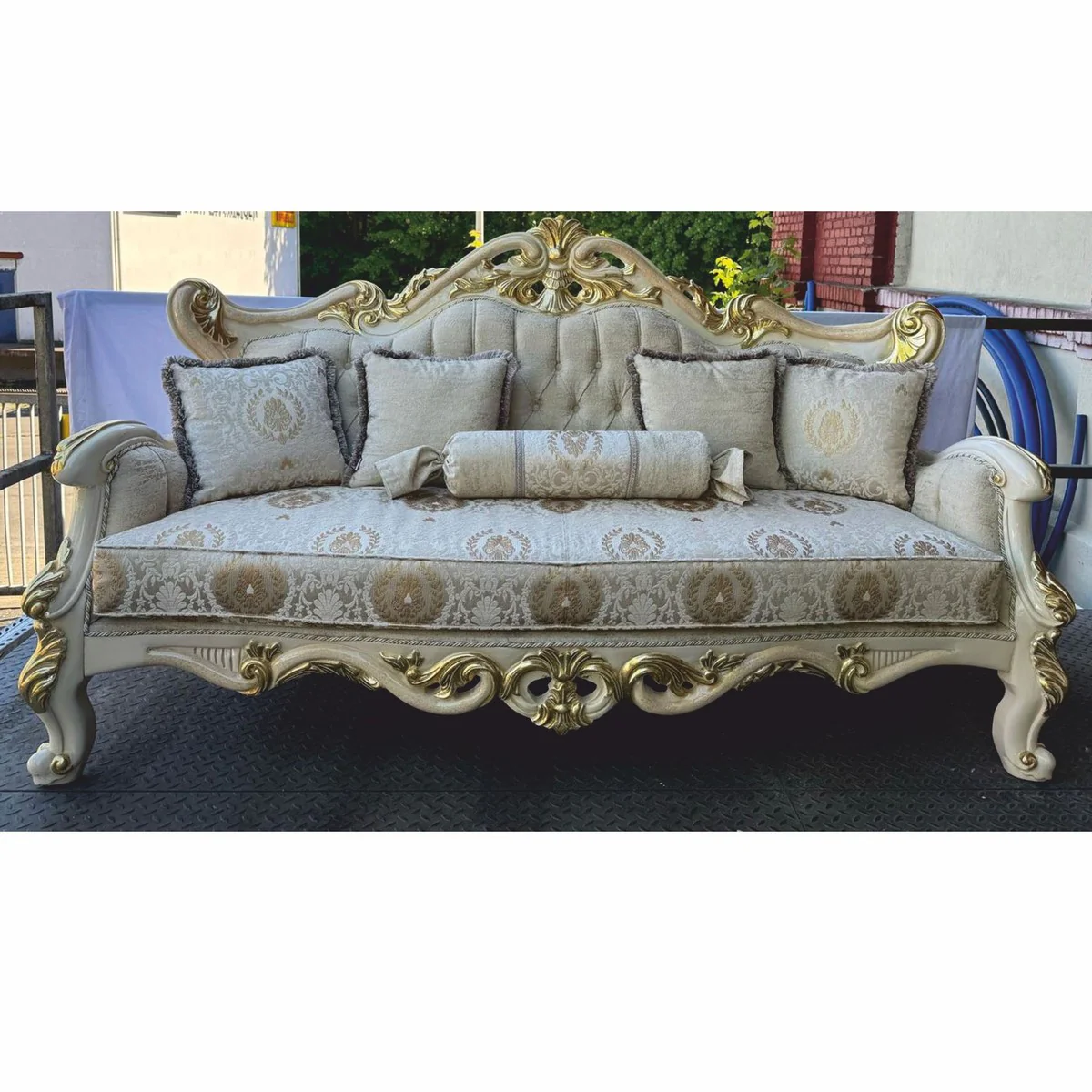 Luxury Baroque Living Room Sofa Silver / Cream / Gold 225 cm - Baroque Furniture