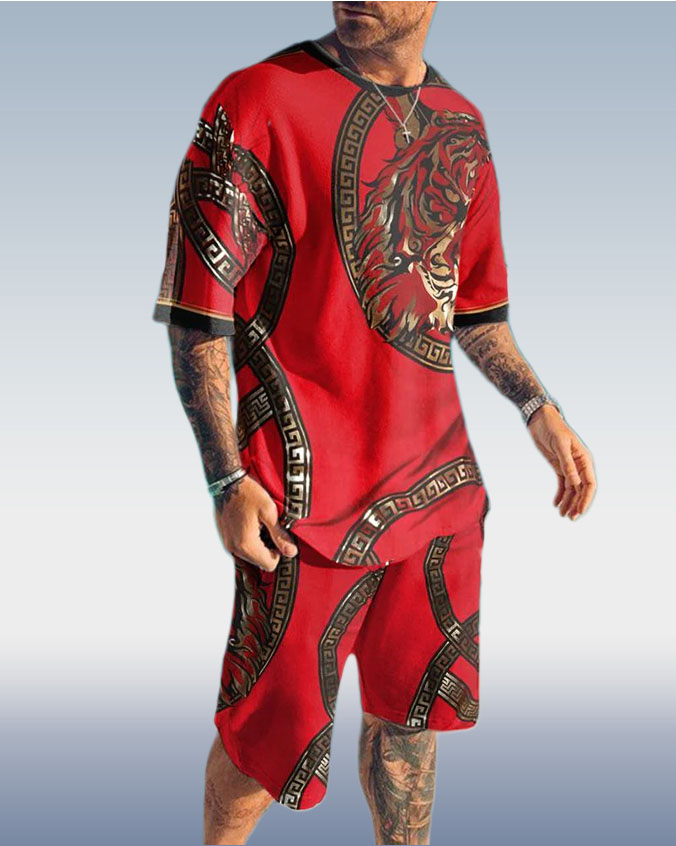 Men's Tiger Print Short Sleeve Two-Piece Set 3 Colors