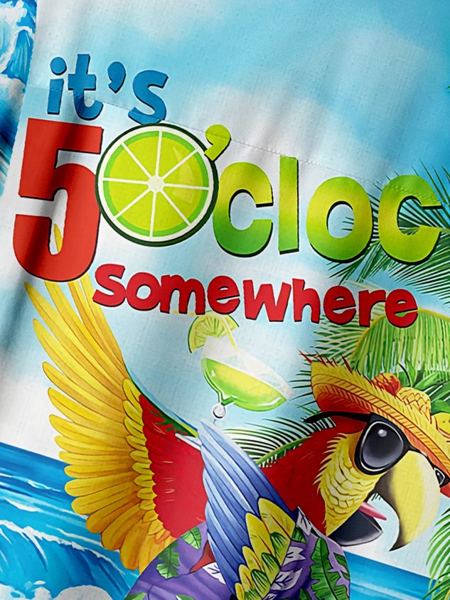 It's 5 O'Clock Somewhere Parrot Chest Pocket Short Sleeve Hawaiian Shirt