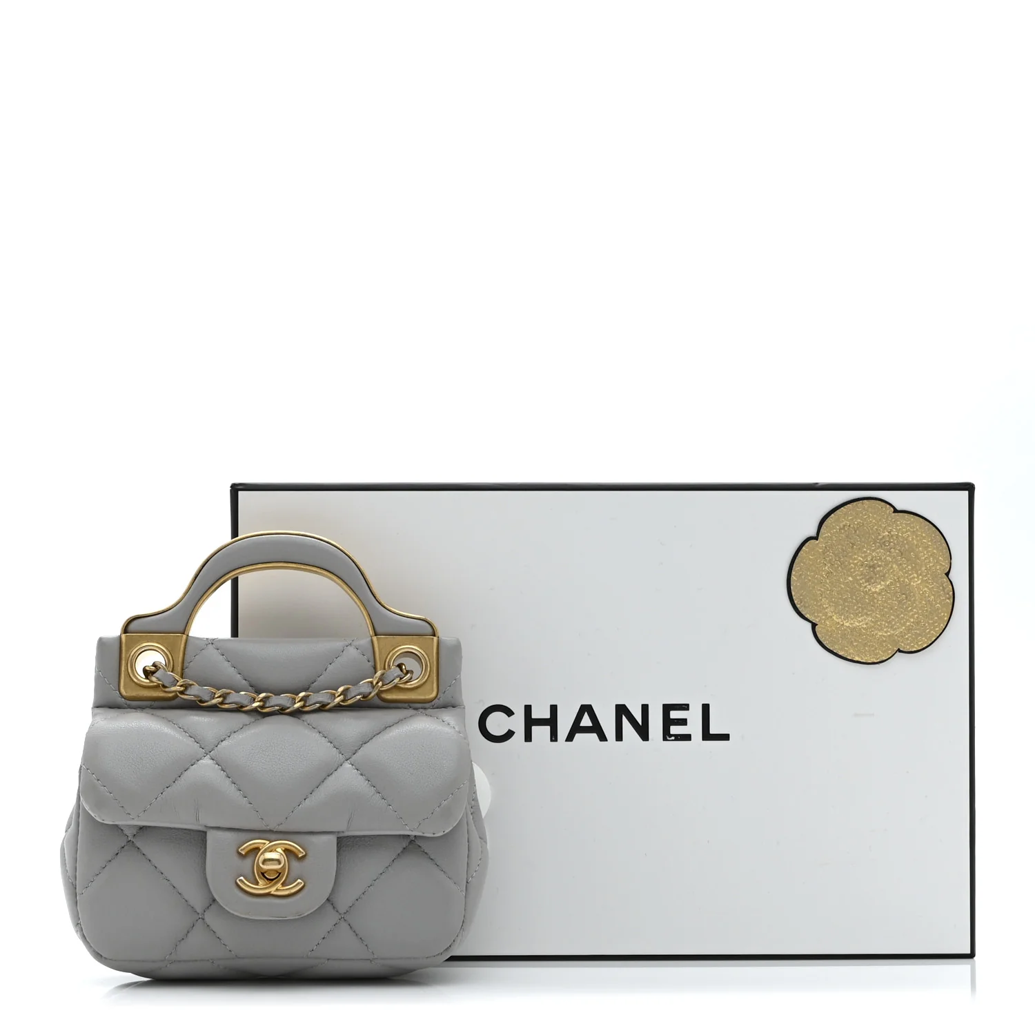Calfskin Quilted Lady Handle Flap Card Holder With Chain Grey - Top Club