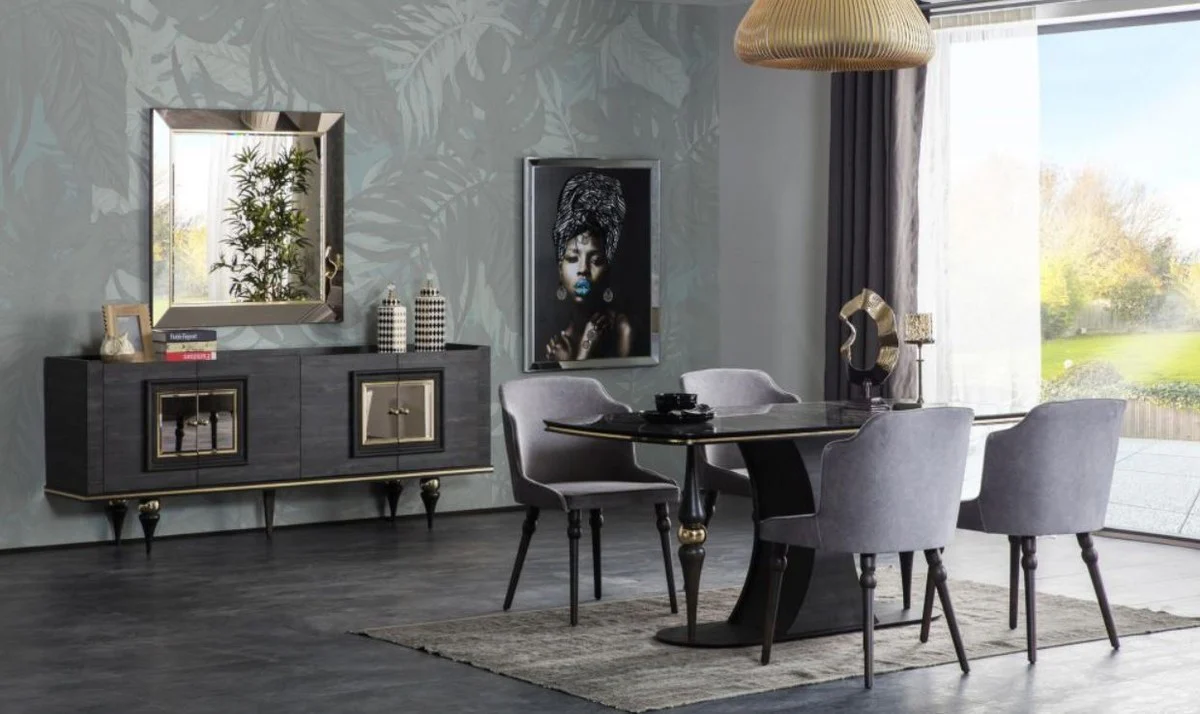 Luxury Art Deco dining room set gray / black / brass - 1 dining room table with glass top in marble look & 4 dining chairs - Art Deco dining room furniture