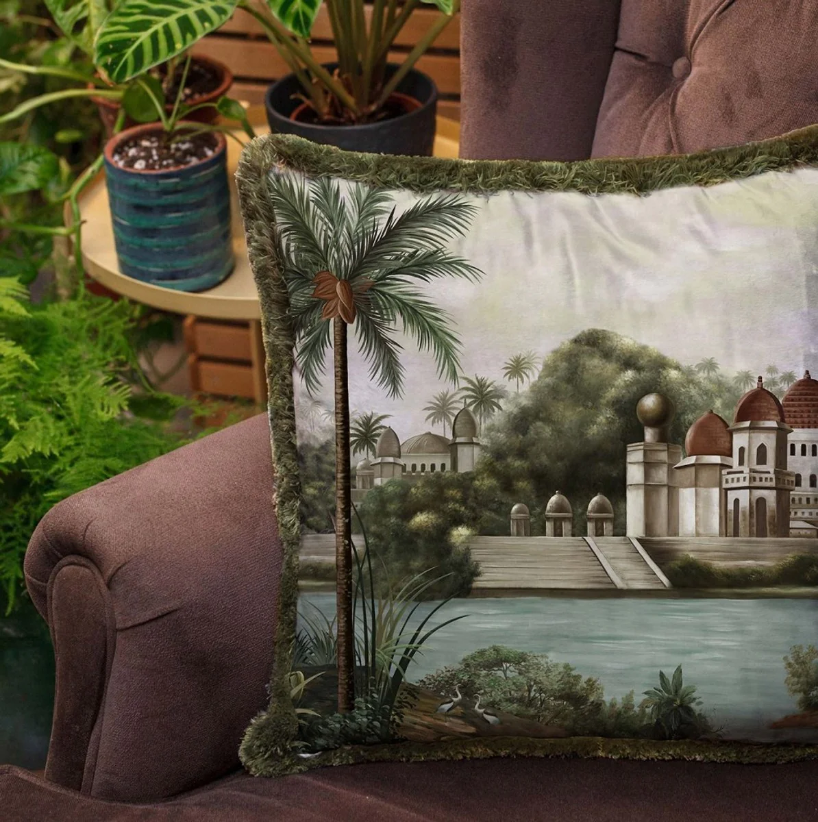 Luxury decorative cushion palace multicolored / green 45 x 45 cm - printed velvet cushion with fringes - luxury decorative accessories