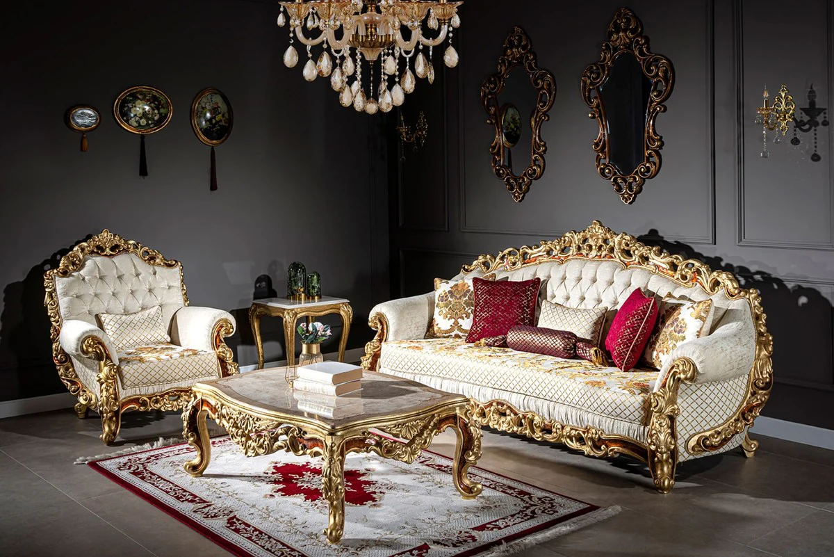 Luxury baroque coffee table cream / beige / brown / gold 120 x 82 x H. 47 cm - Elegant solid wood living room table in baroque style - Magnificent baroque furniture