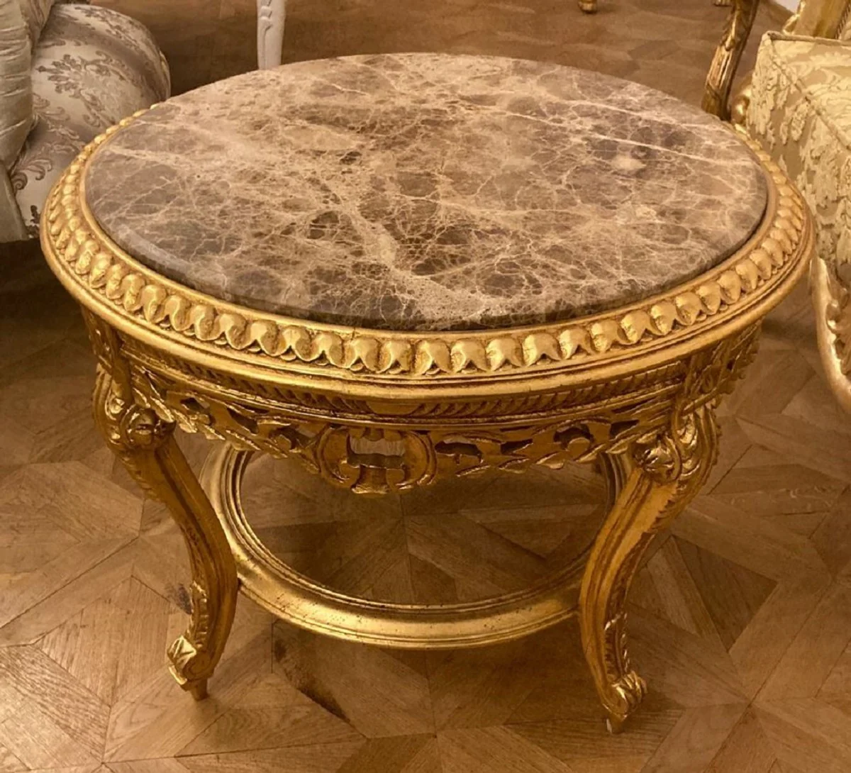 Baroque coffee table with marble top gold / gray - Round solid wood living room table in baroque style - Baroque style living room furniture - Baroque furniture - Antique style living room furniture