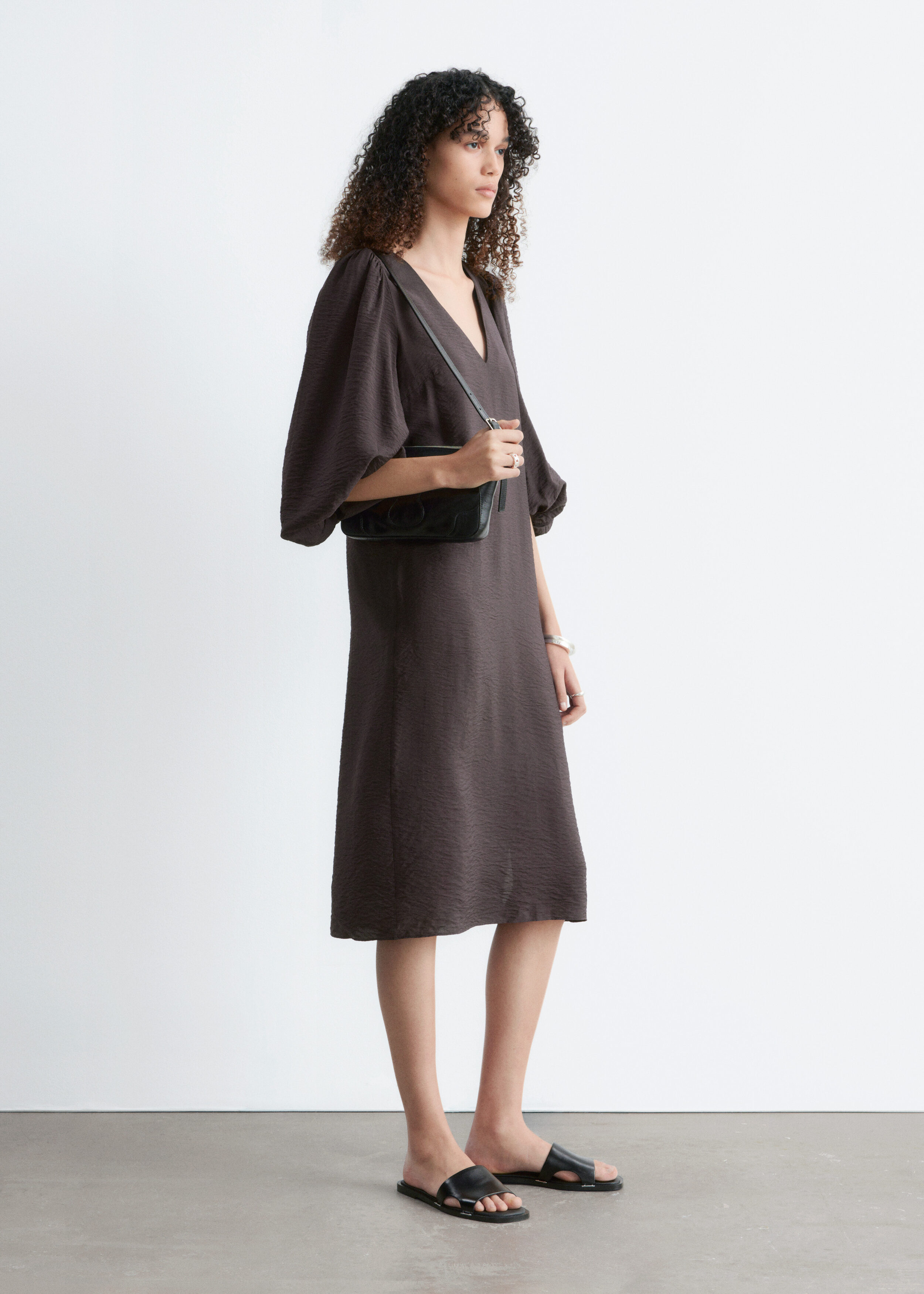 & Other Stories PUFF-SLEEVE V-NECK MIDI DRESS