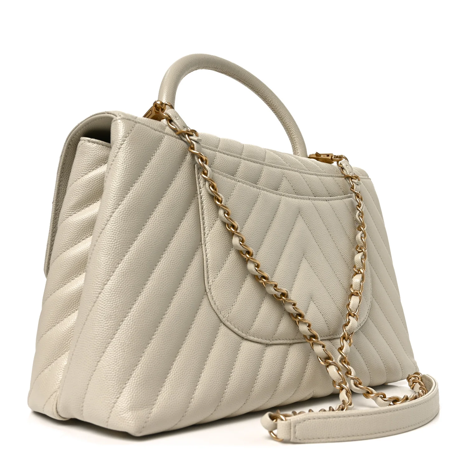 Caviar Chevron Quilted Medium Coco Handle Flap White