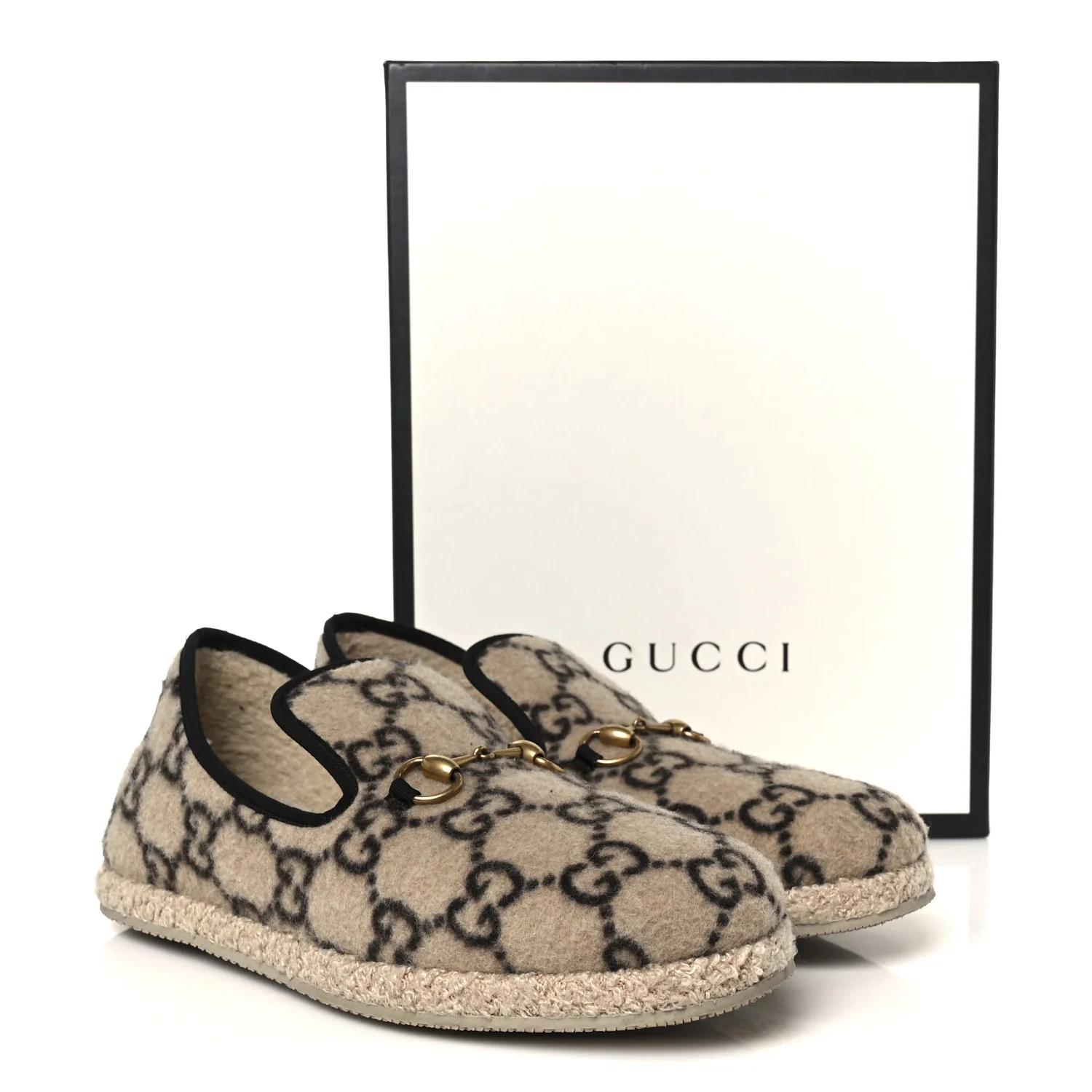 Covered Wool GG Monogram Mens Fria Horsebit Loafers 9 Beige Ebony Black Butterscotch - Top Club
