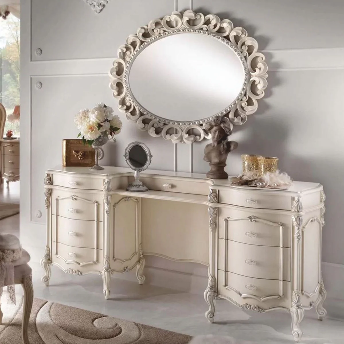 Luxury baroque dressing table with mirror cream / silver - Made in Italy