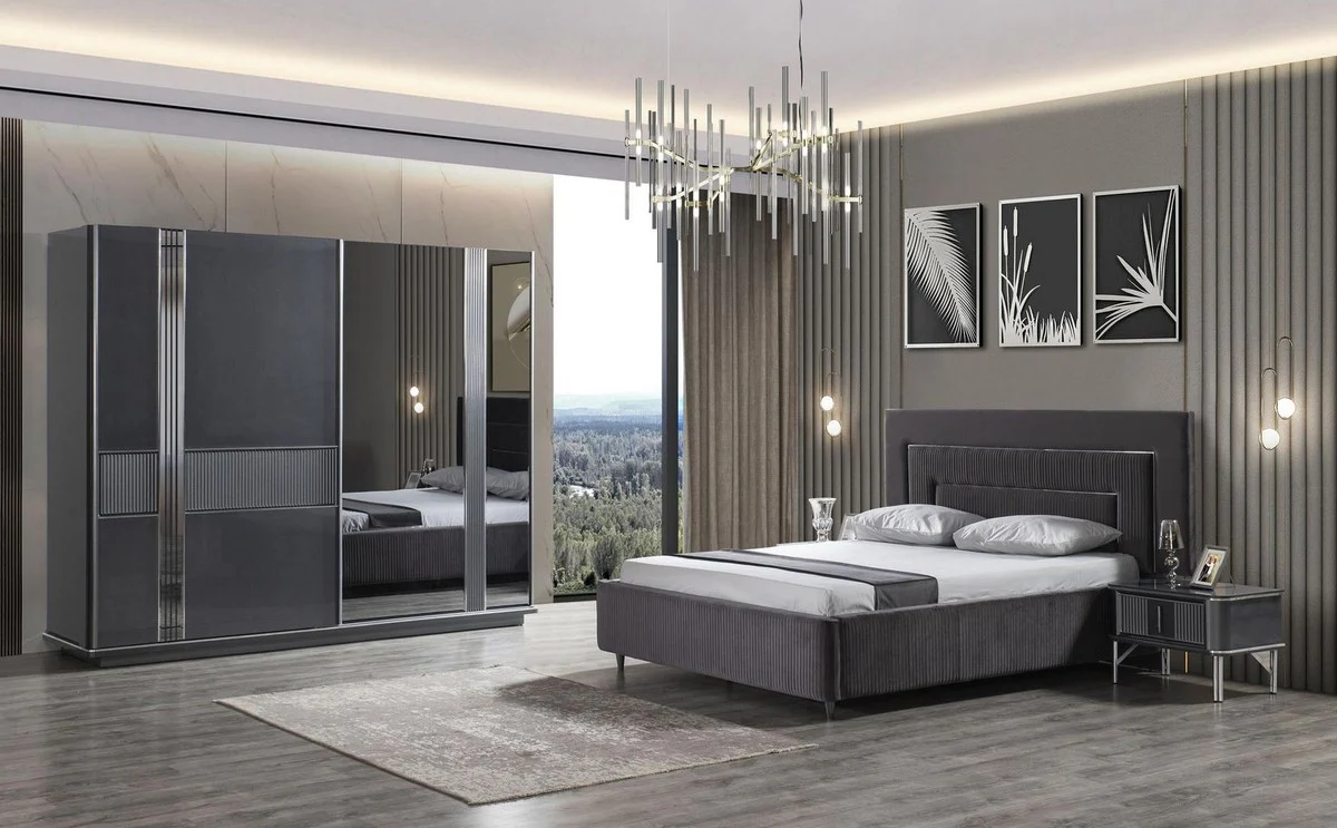 Luxury Bedroom Set Gray / Silver - 1 Double Bed with Headboard & 2 Bedside Tables - Luxury Bedroom Furniture