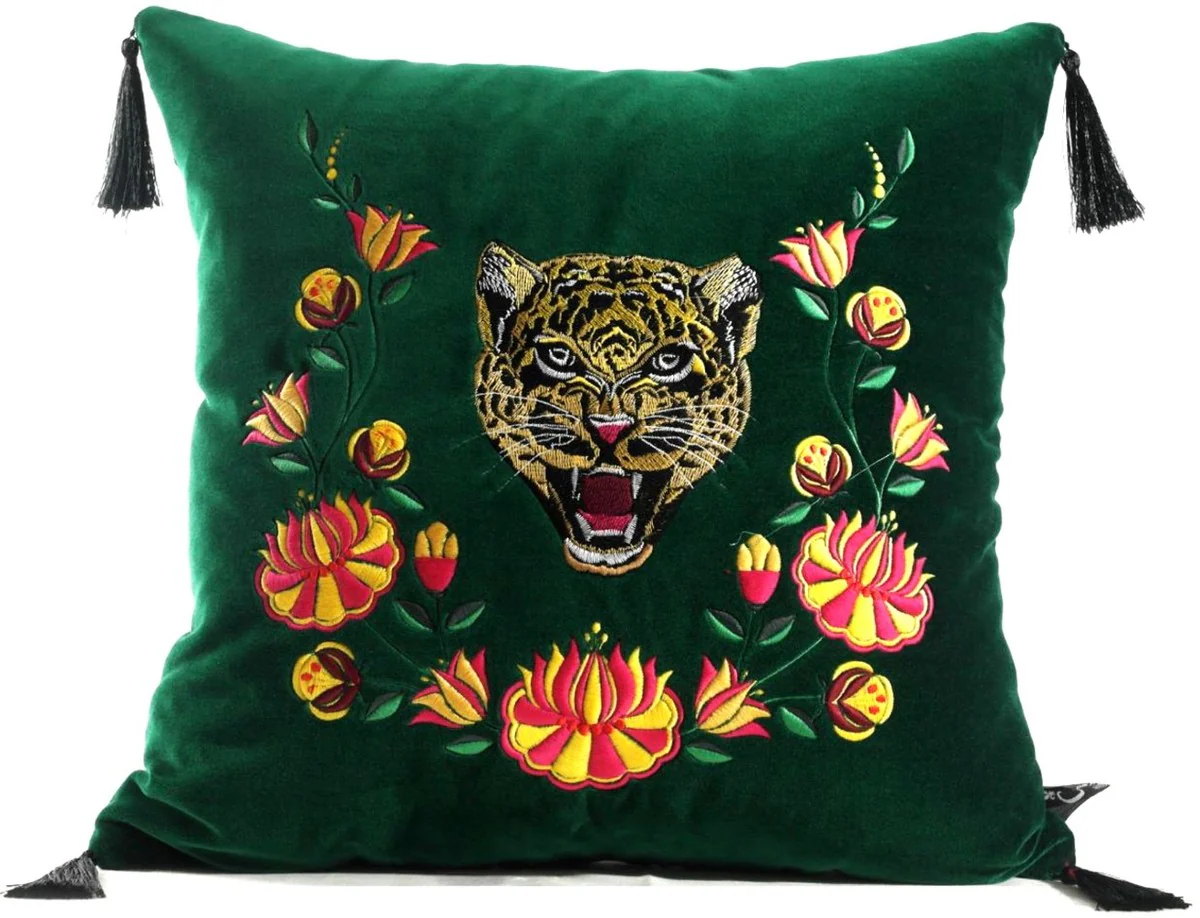 Luxury decorative cushion with tassels tiger green / multicolored 45 x 45 cm - finest velvet fabric - luxury quality