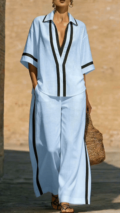 Women's Cotton-Blend Contrast Trim Co-Ord Set - Nordfashionstorm - Women's Clothing, Fashion for You - Nordfashionstorm.com