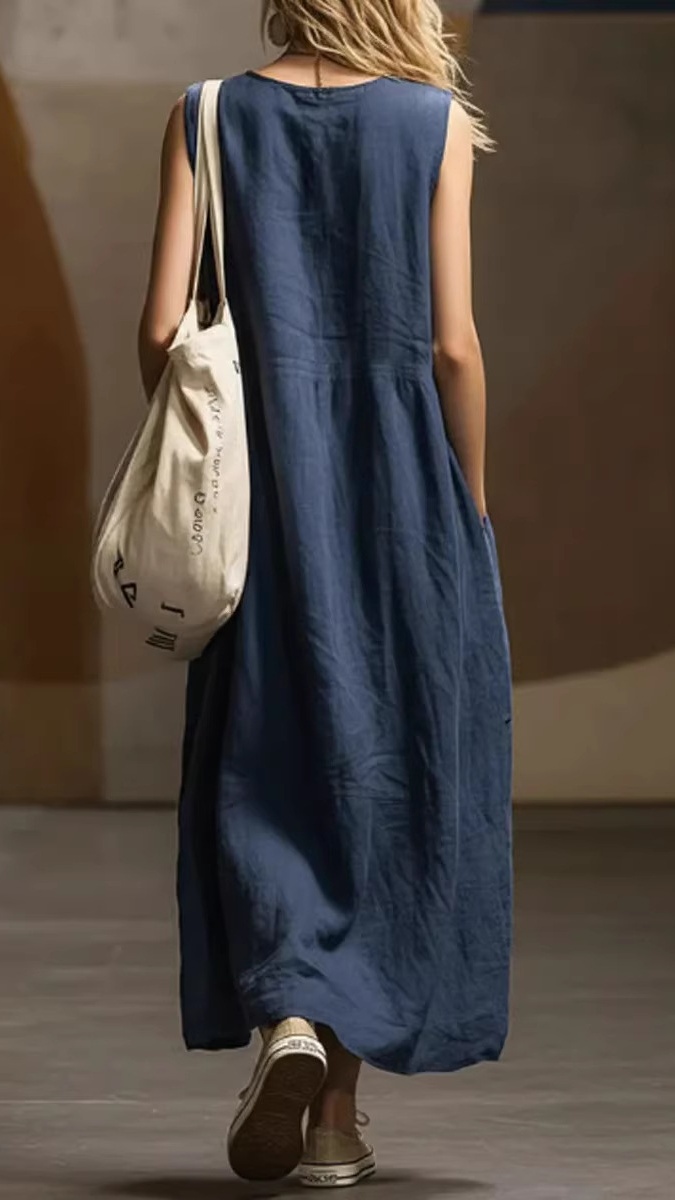 Women's Loose-Fit, Simple, Sleeveless Cotton-Linen Dress with Pockets - Nordfashionstorm - Women's Clothing, Fashion for You - Nordfashionstorm.com