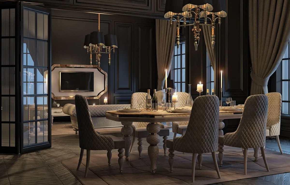 Luxury Art Deco Dining Room Set Gray / White / Gold - 1 Art Deco Dining Table with Faux Marble Table Top & 8 Art Deco Dining Room Chairs - Art Deco Dining Room Furniture - Luxury Quality