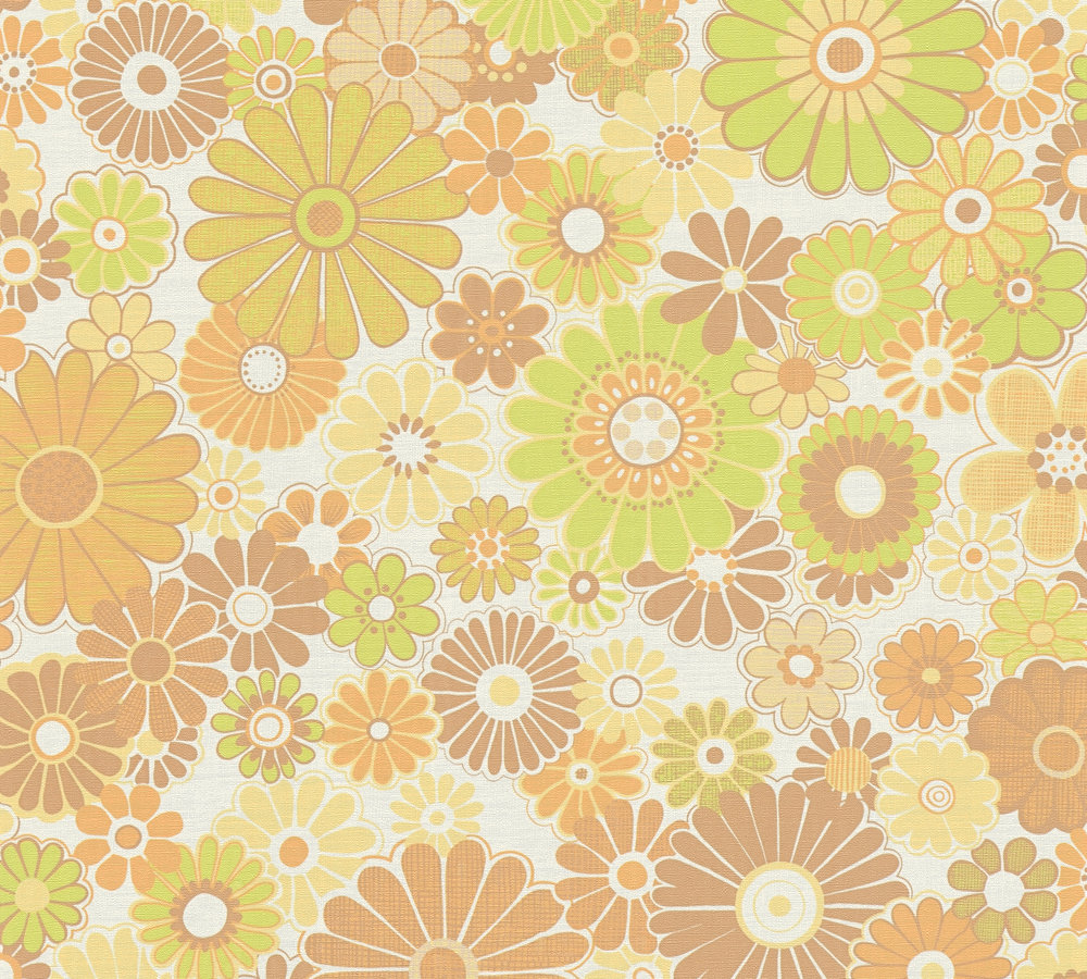Retro behang bloemmotief met een lichte structuur – geel, groen, bruin Bloemen retro behang met een lichte structuur – geel, groen, bruin #1