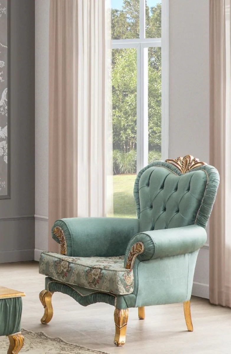 Luxury Baroque Living Room Set Green / Gold - 2 Sofas with Pattern & 2 Armchairs with Pattern & 1 Coffee Table - Living Room Furniture in Baroque Style - Noble & Magnificent