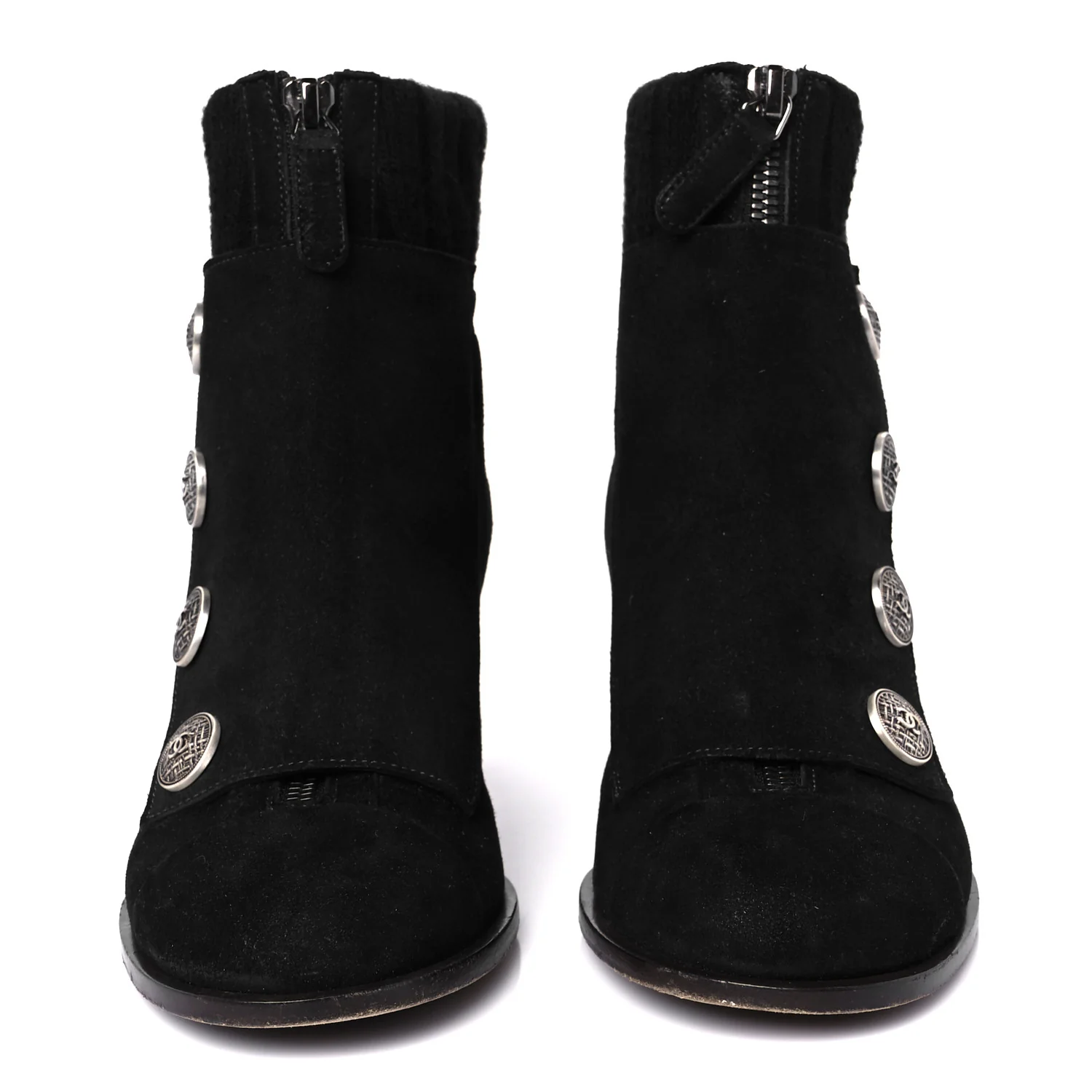 Suede Calfskin Knit Button Ankle Boots 36.5 Black - Top Club