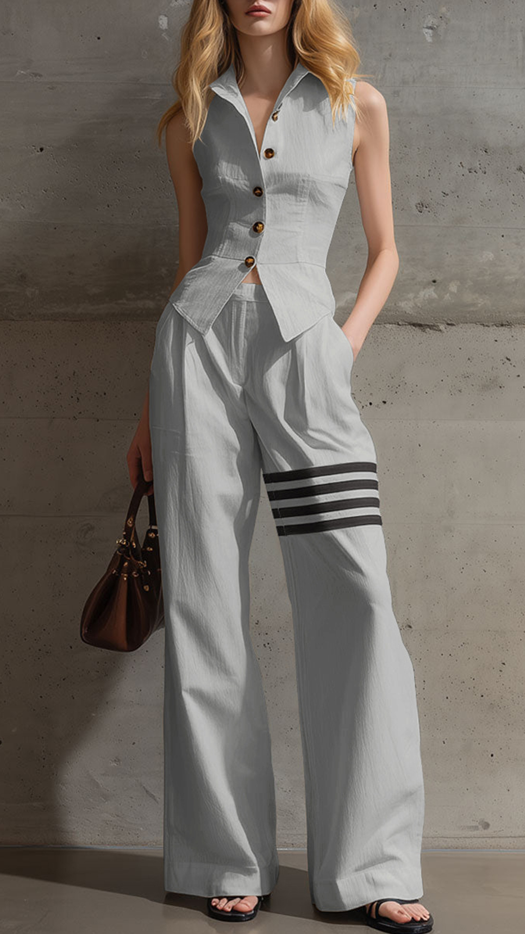 Women's Cotton-Blend Sleeveless Fitted Waist Vest & Wide-Leg Pants Set - Nordfashionstorm - Women's Clothing, Fashion for You - Nordfashionstorm.com