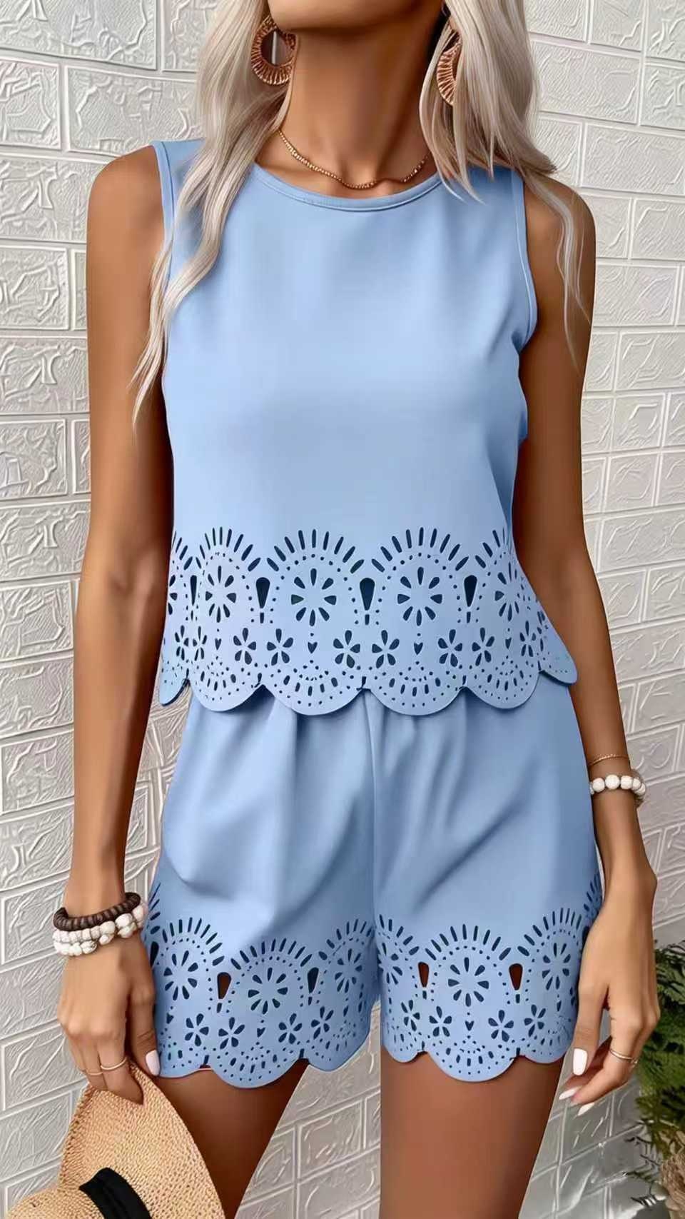 Women's Elegant Hollow-Out Design Short-Sleeve Top and Shorts Two-Piece Set - Nordfashionstorm - Women's Clothing, Fashion for You - Nordfashionstorm.com