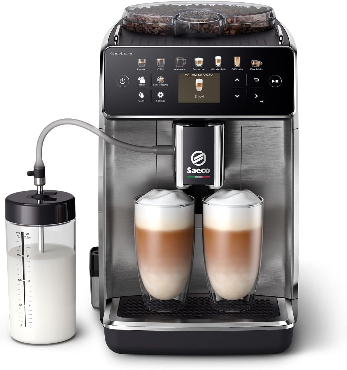 Saeco GranAroma Macchina da Caffè Automatica - 16 Bevande, Display a Colori Intuitivo, 6 Profili Utente, Macinacaffè in Ceramica (SM6585/00)