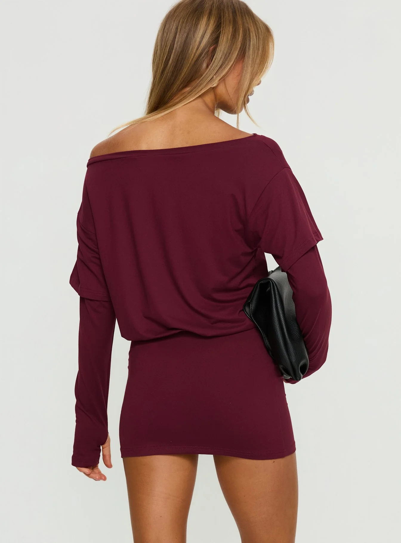 Jesselyn Long Sleeve Off Shoulder Mini Dress Burgundy