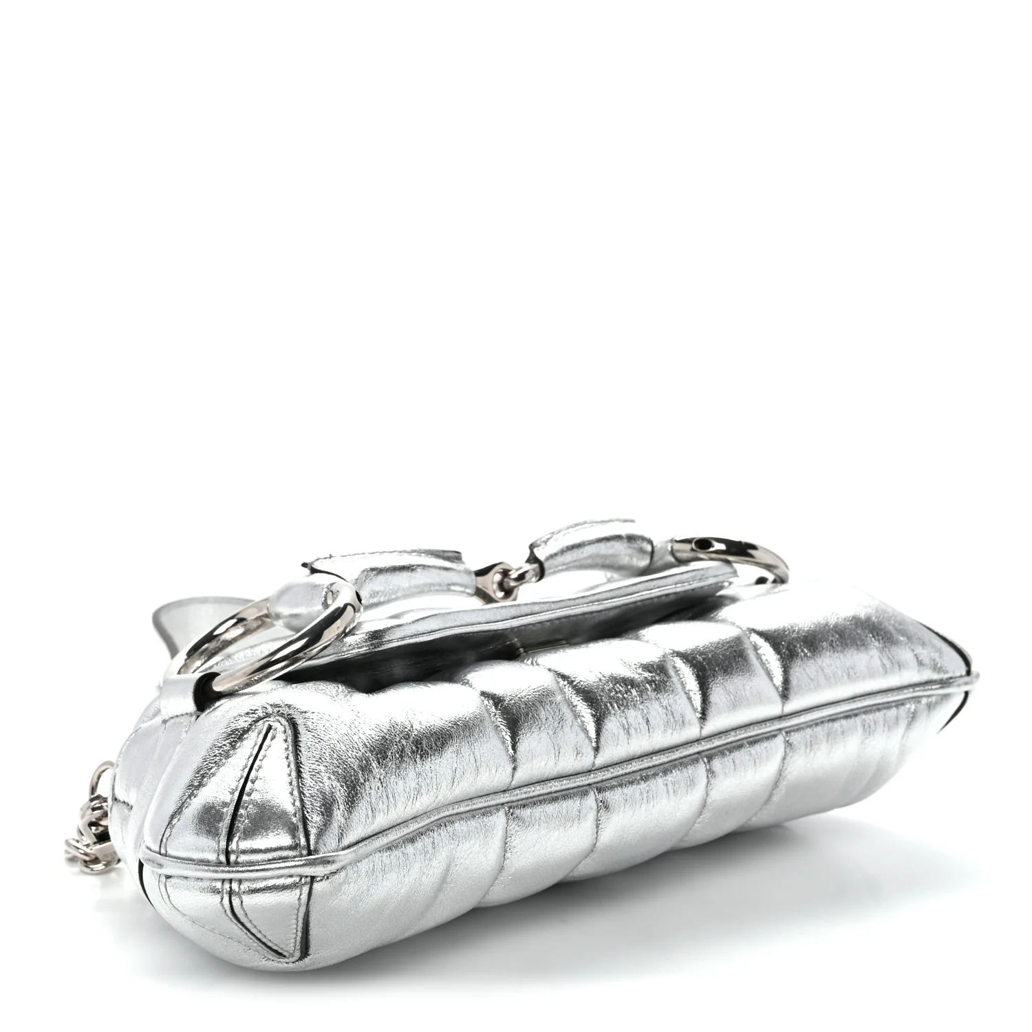 Metallic Nappa Vertical Matelasse Small Maxi Horsebit Chain Shoulder Bag Silver - Top Club