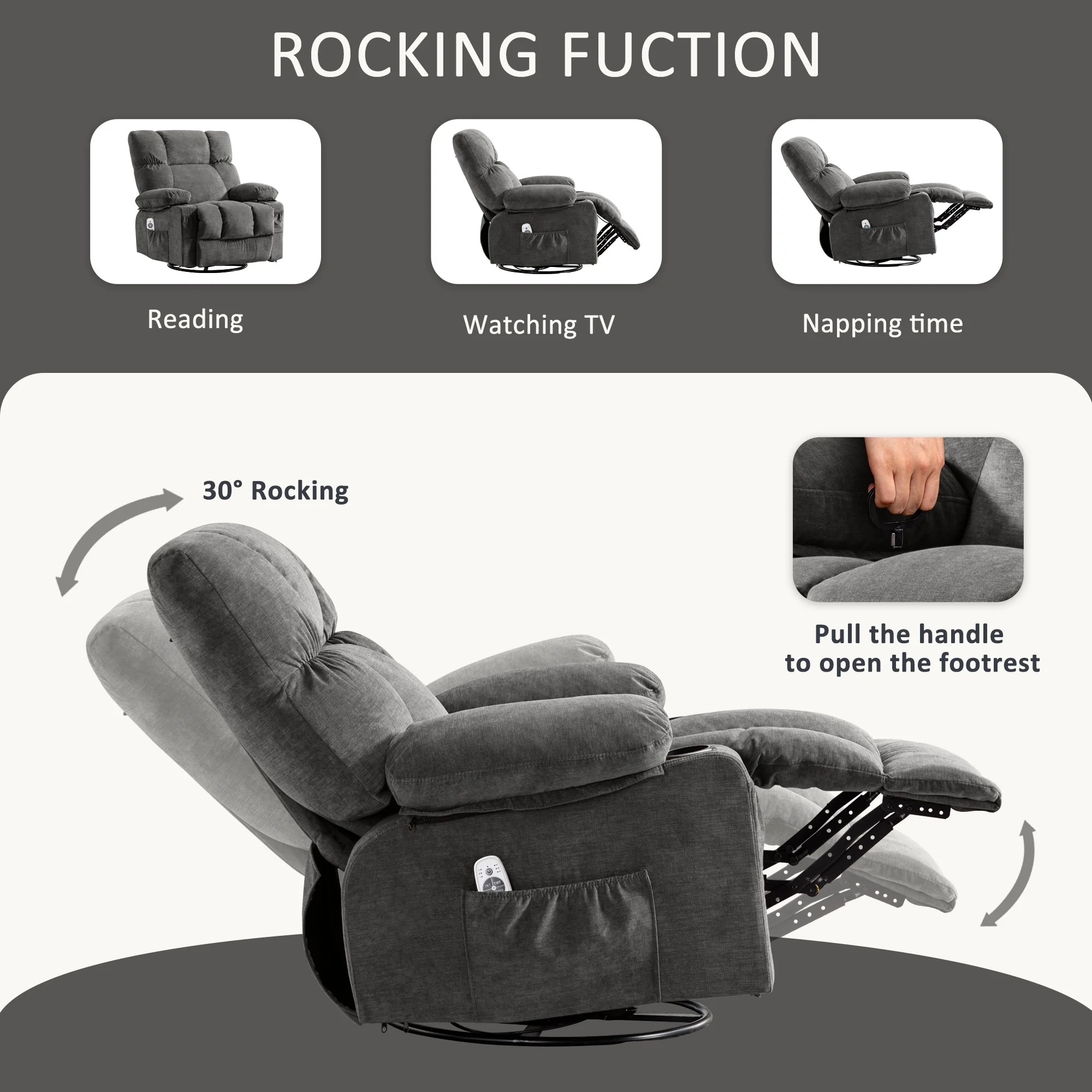 JONPONY Manual Recliner Chair with Heat Therapy and Massage Function, Heavy Duty Reclining Mechanism Massage Chair, Elderly Single Rocker Sofa with Cup Holders for Bedroom Home Theater, Grey