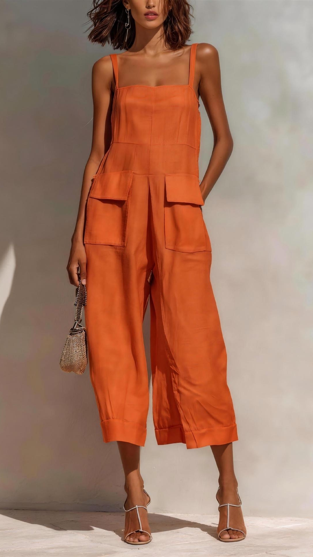 Women's Elegant Sleeveless Cropped Jumpsuit — Loose Fit, Wide-Leg, Thin Straps, Patch Pockets - Nordfashionstorm - Women's Clothing, Fashion for You - Nordfashionstorm.com