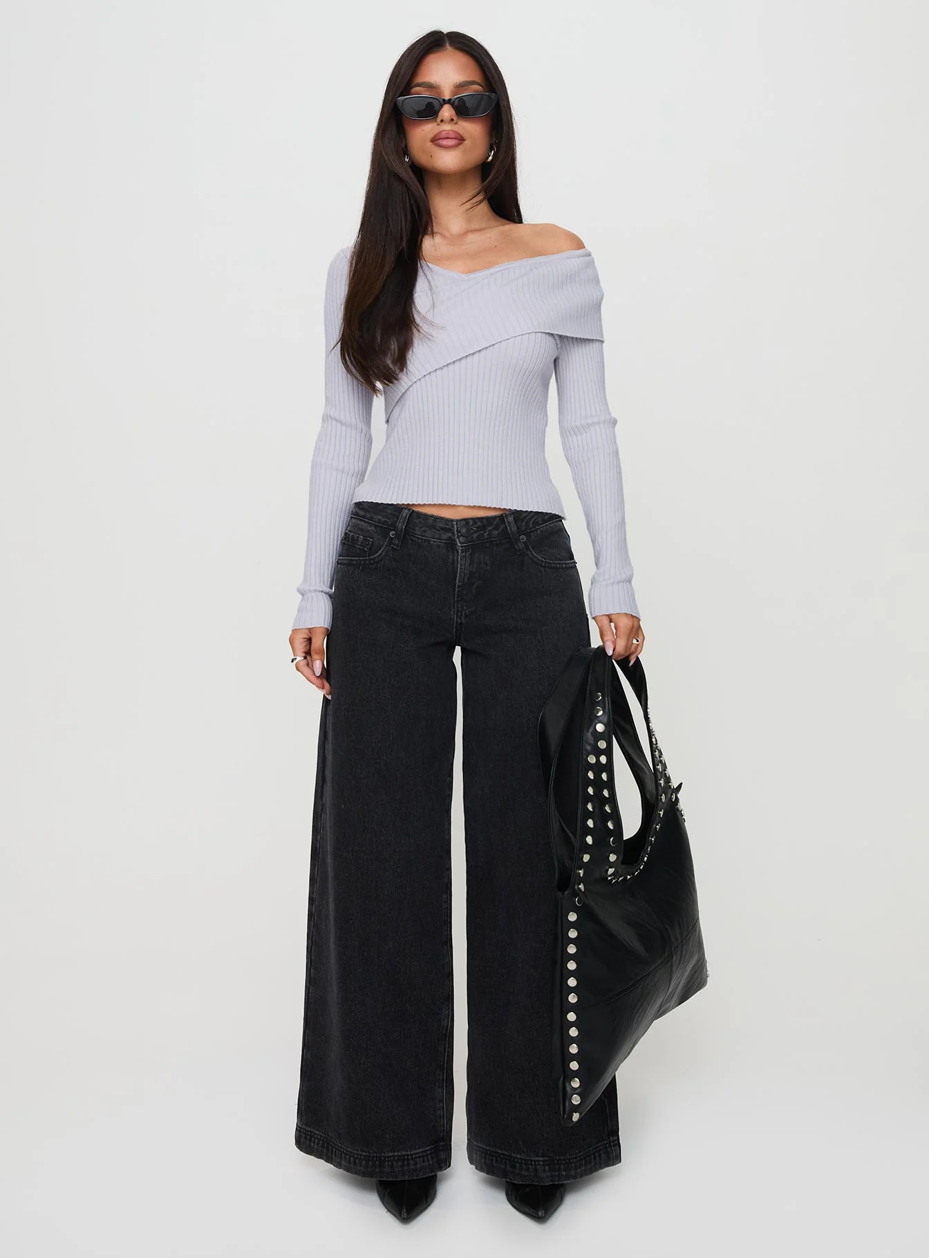 Ribbon Stamp Low Rise Wide Leg Jeans Washed Black