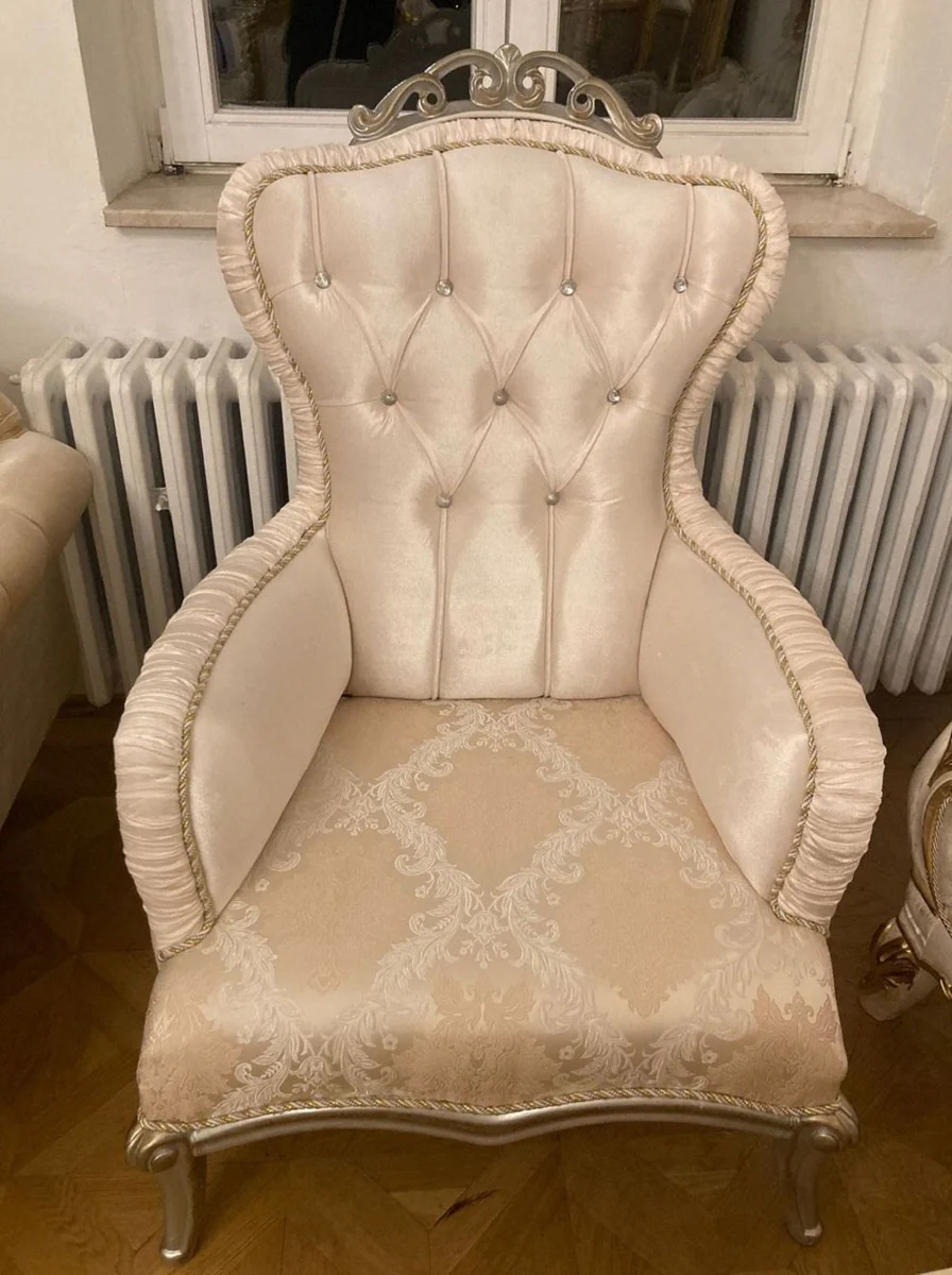 Luxury baroque armchair pink / silver - magnificent living room armchair with glittering stones - luxury living room furniture in baroque style - baroque furniture - baroque furnishings - noble & magnificent