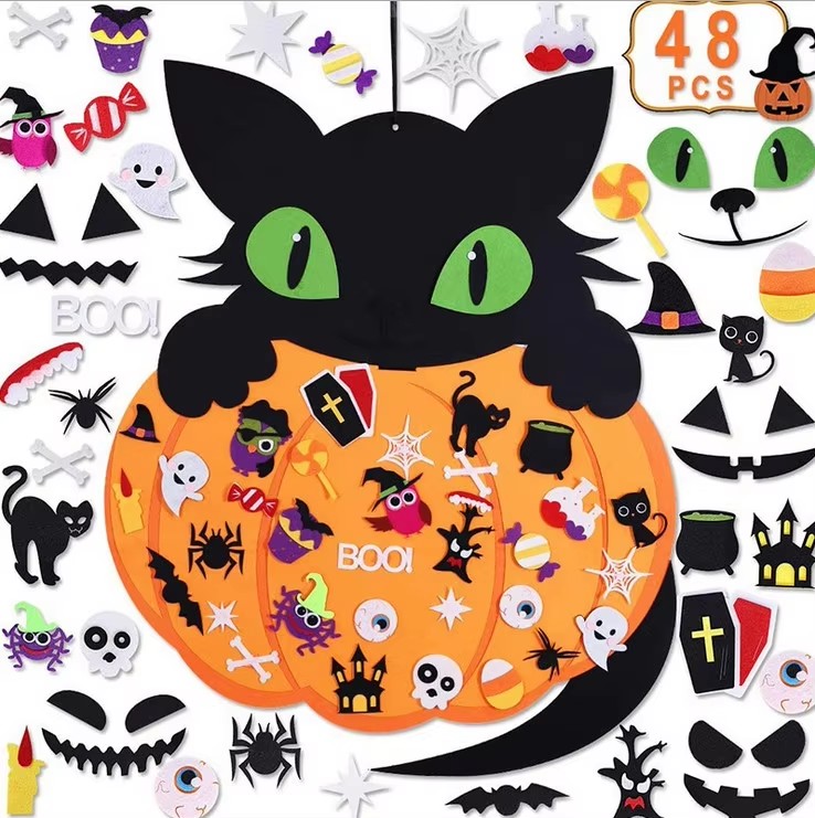 Halloween 3D DIY Felt Wall Hanging Decorations Pumpkin Cat Ornament with Ghost Spider Owl Festive Ambience