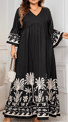 Women's Black & White Botanical Print V-Neck Bell Sleeve Maxi Dress - Nordfashionstorm - Women's Clothing, Fashion for You - Nordfashionstorm.com