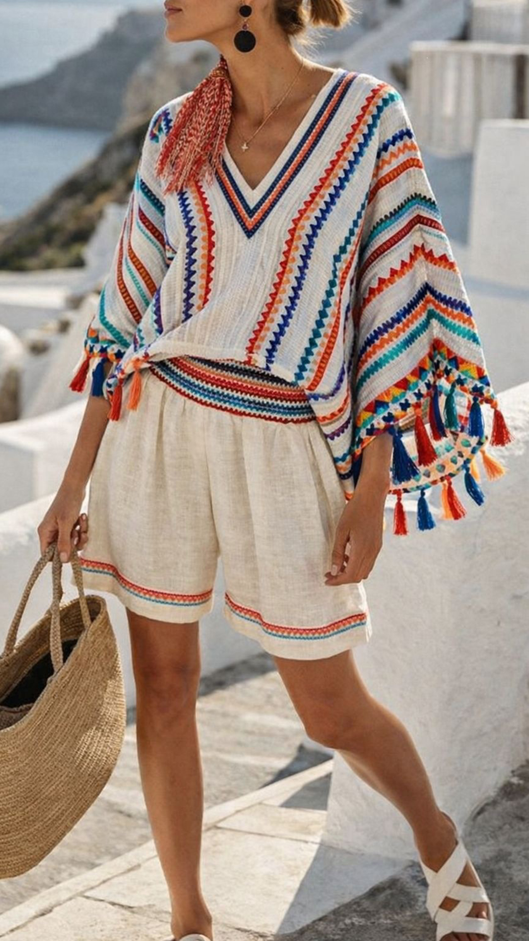Women's Cotton‑blend Off‑ Striped V‑Neck Batwing Sleeve Waist‑cinched Shorts Set - Nordfashionstorm - Women's Clothing, Fashion for You - Nordfashionstorm.com