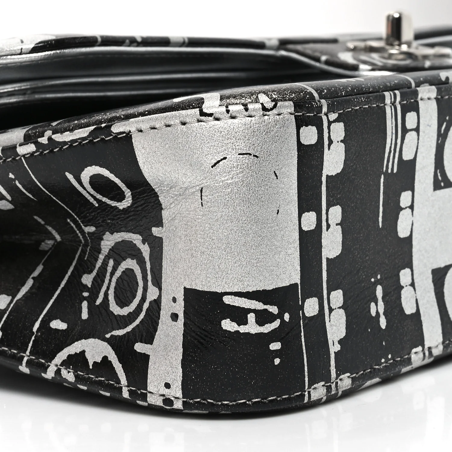 Lambskin Graffiti Printed Medium Double Flap Black Silver - Top Club