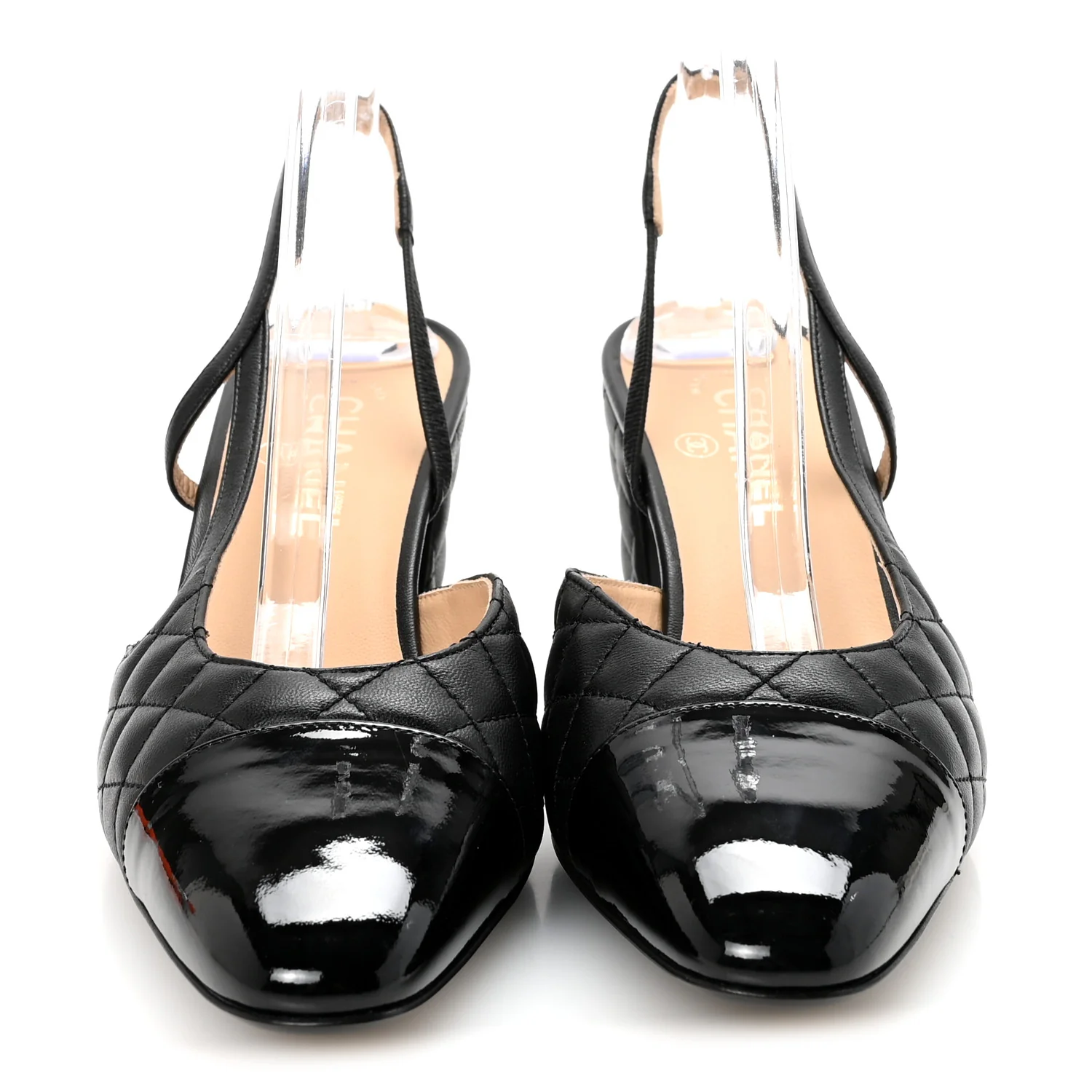 Lambskin Patent Calfskin Quilted Cap Toe CC Slingback Pumps 41 Black - Top Club