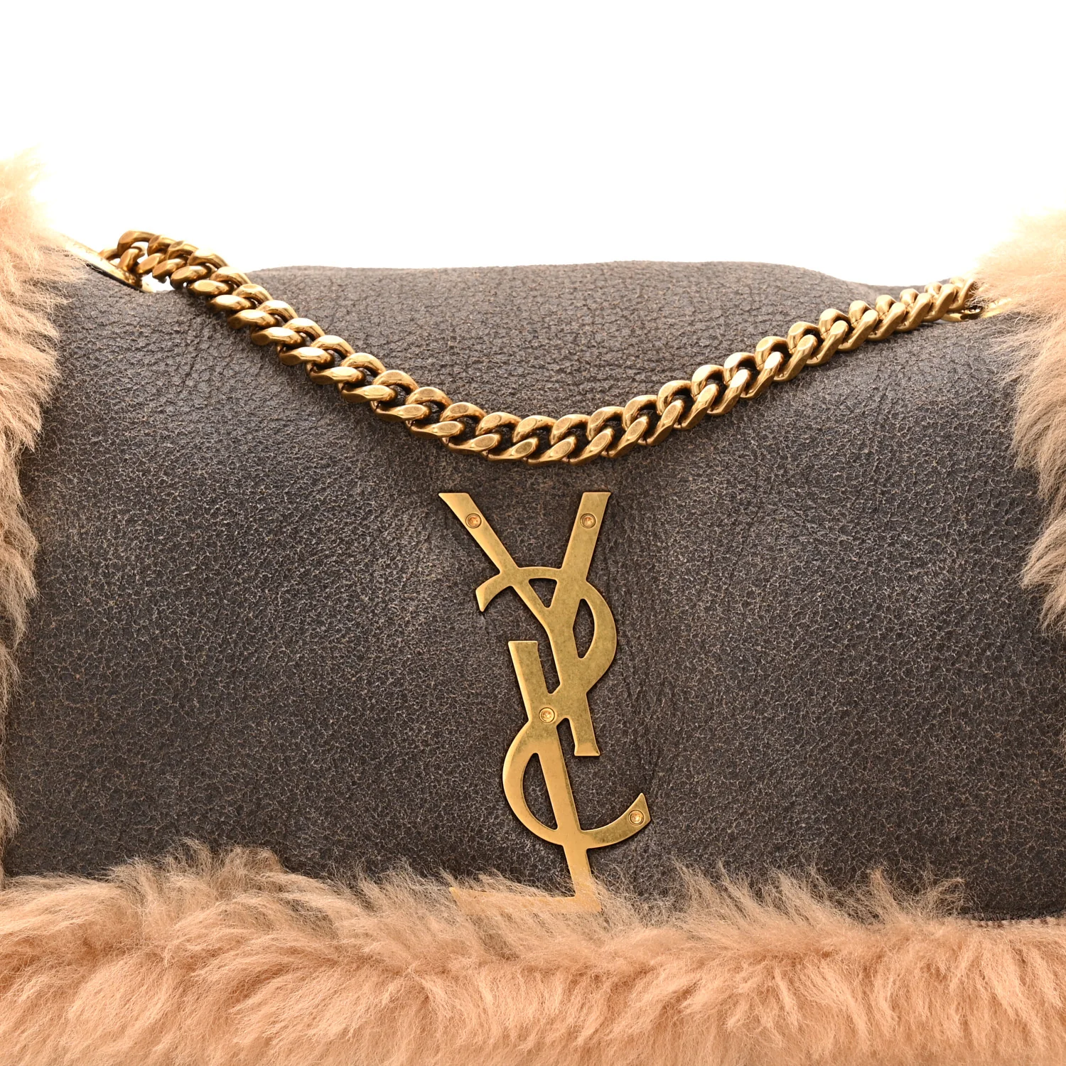Shearling Calfskin Small Reversible Monogram Kate Satchel Ecru Dark Brown - Top Club