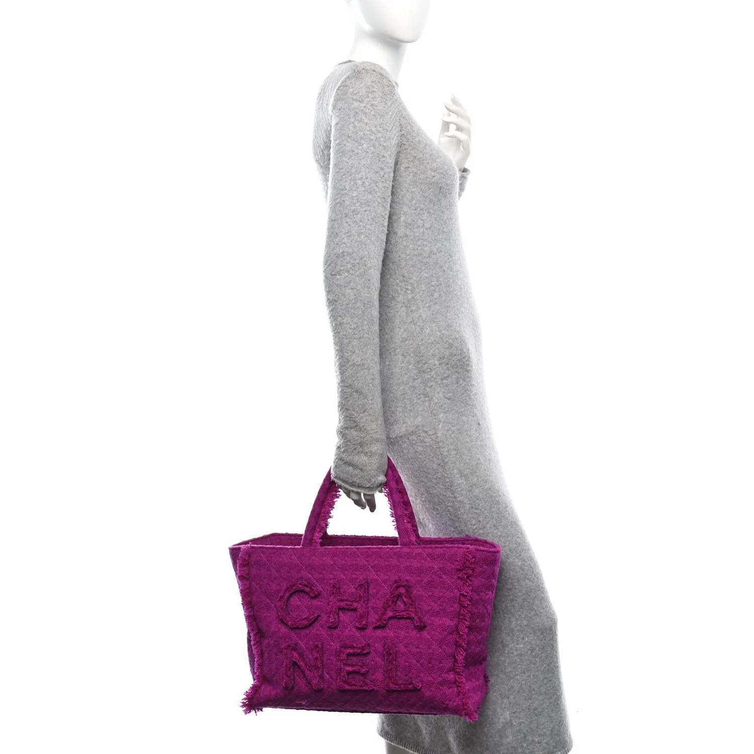 Wool Tweed Large Zipped Shopping Tote Magenta