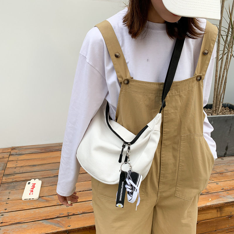 Korean-style INS student canvas solid color crossbody bag for women, Harajuku Hong Kong style dark minimalist versatile trendy shoulder bag for men