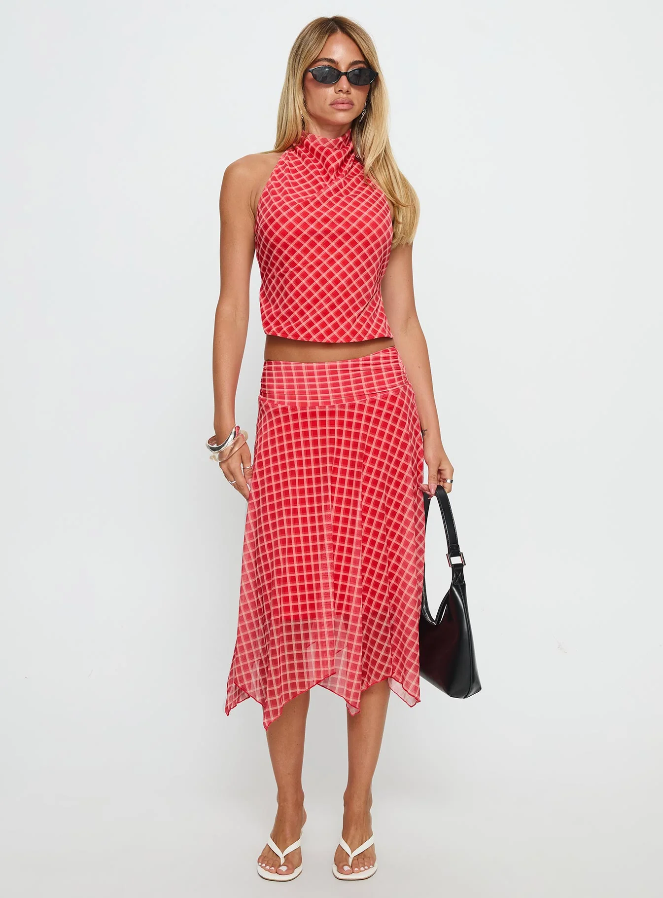 Scenic Route Asymmetrical Midi Skirt Red Check