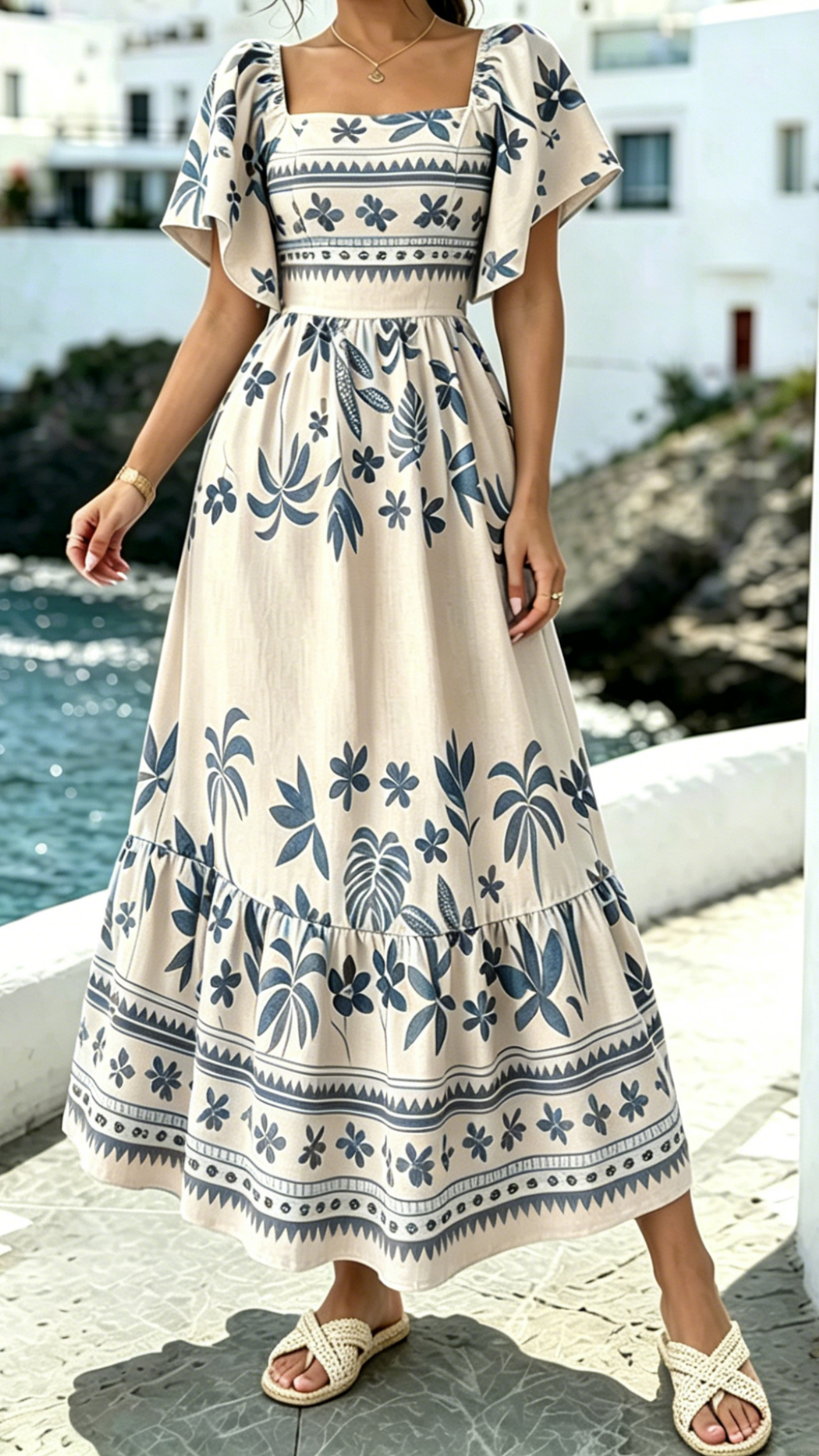 Women's Printed Dress with Square Neckline and Flutter Sleeves - Nordfashionstorm - Women's Clothing, Fashion for You - Nordfashionstorm.com
