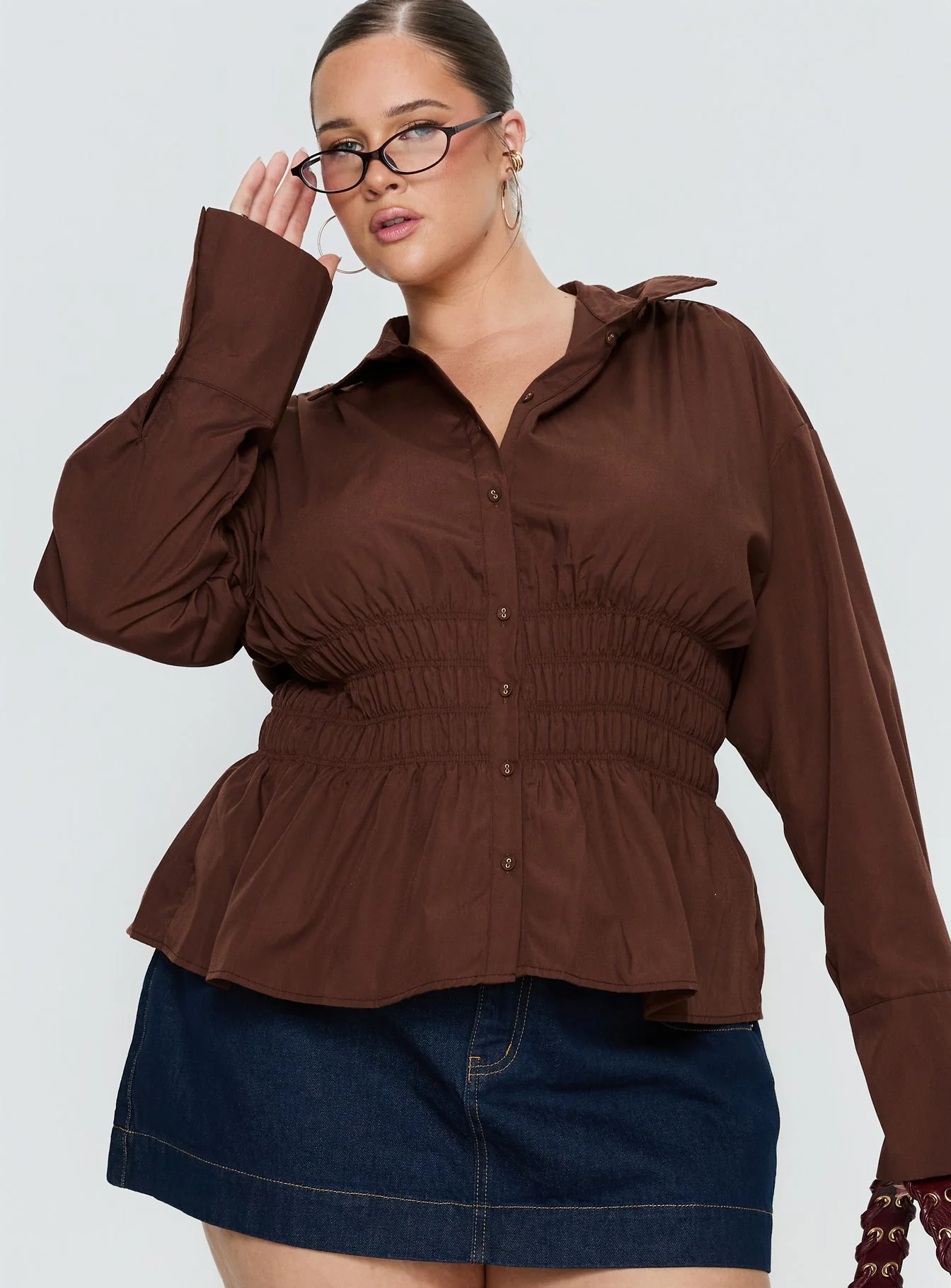 As You Are Shirred Button Up Top Chocolate Curve