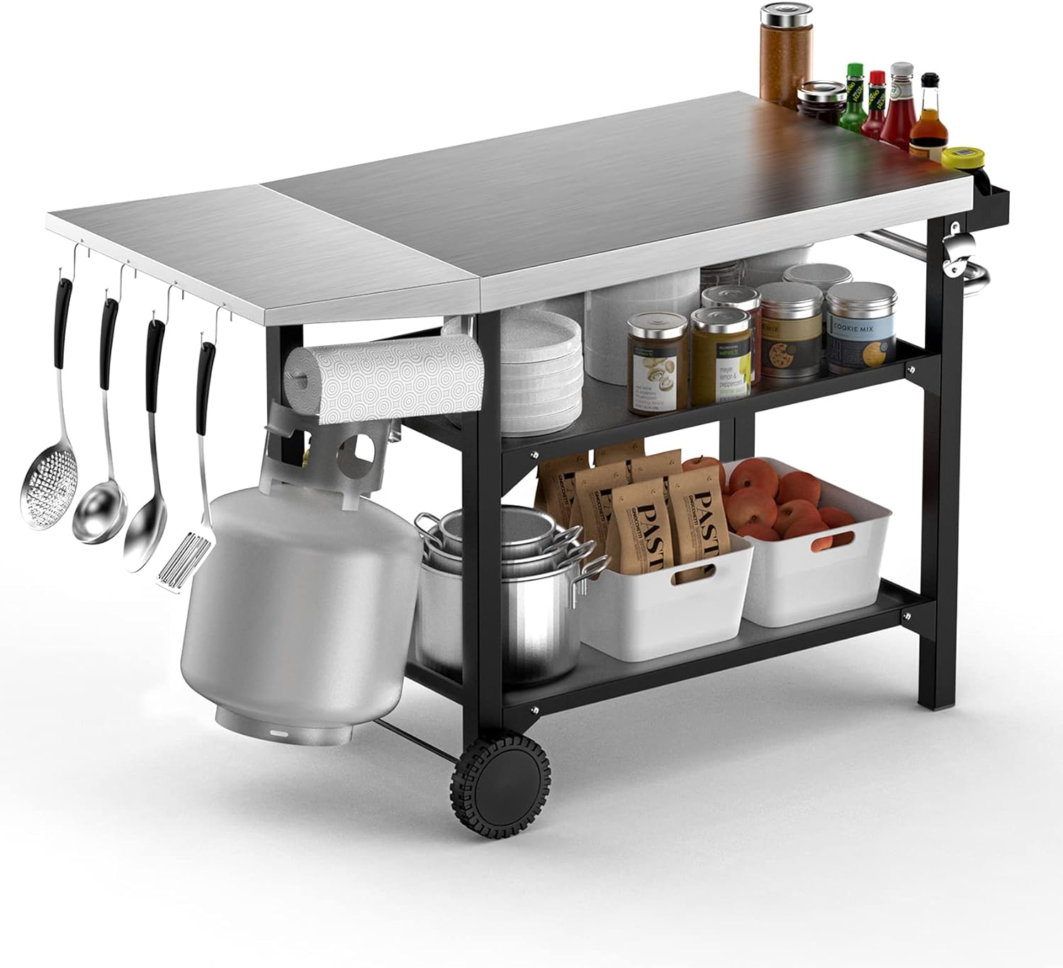 Onlyfire Carrello per Barbecue, Tavolo da Servizio da Giardino con Grande Piano e Tavolino in Acciaio Inox, Scaffali di Stoccaggio in Acciaio a Due Strati,per Grigliare e Cucinare All'aperto
