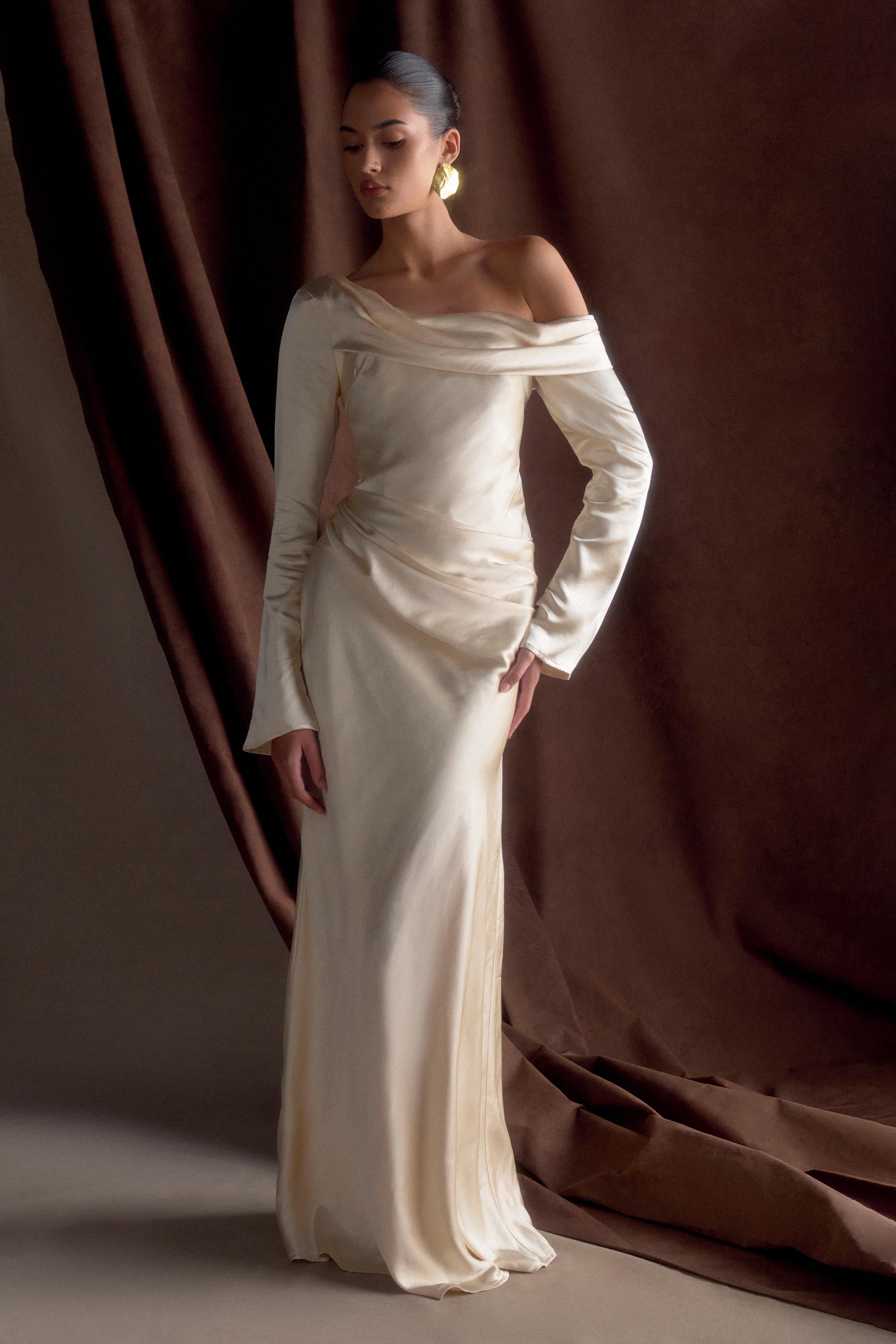 Iris Long Sleeve Satin Maxi Dress - Blush Gold