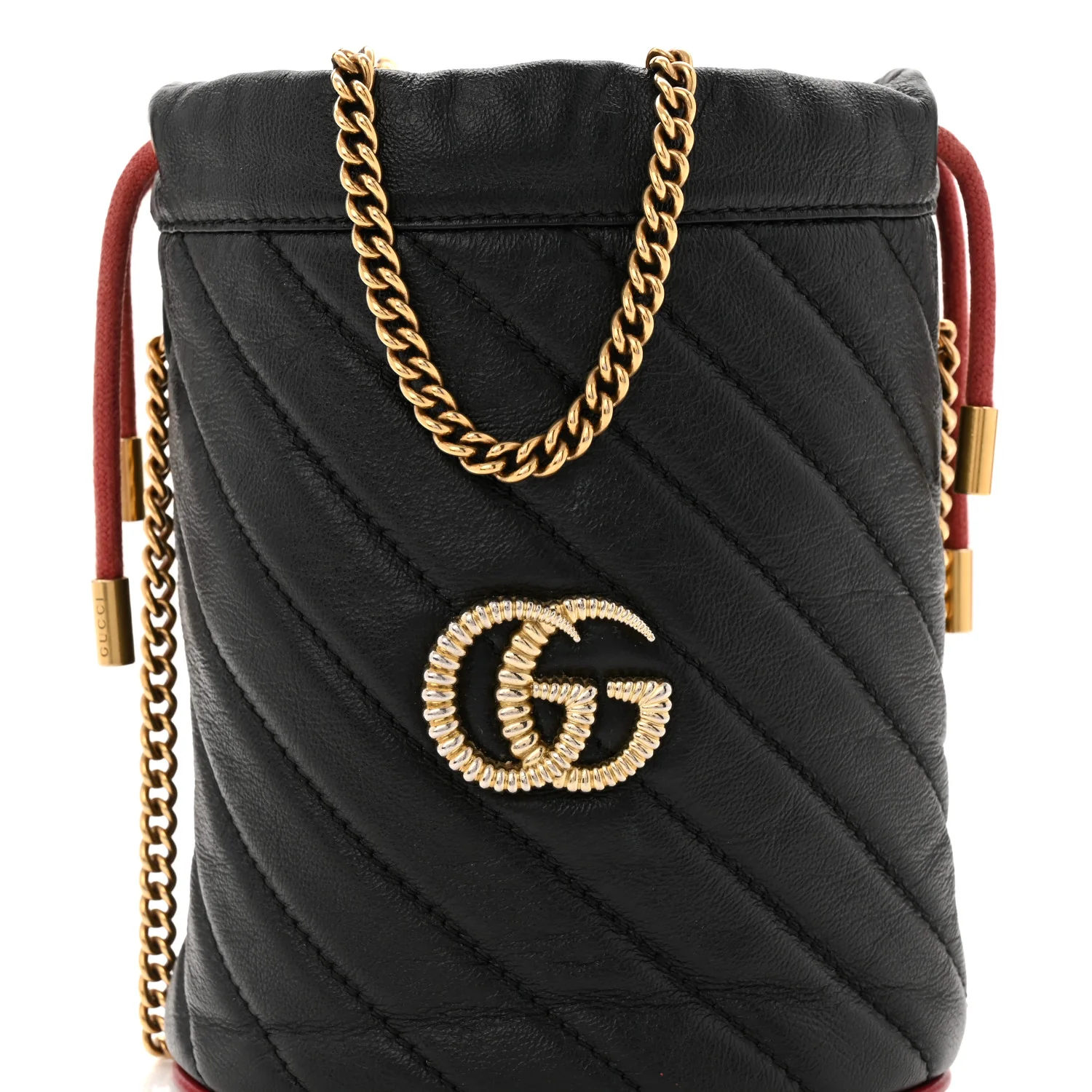 Vintage Effect Calfskin Matelasse Diagonal Mini Torchon GG Marmont 2.0 Bucket Bag Black Romantic Cherry - Top Club