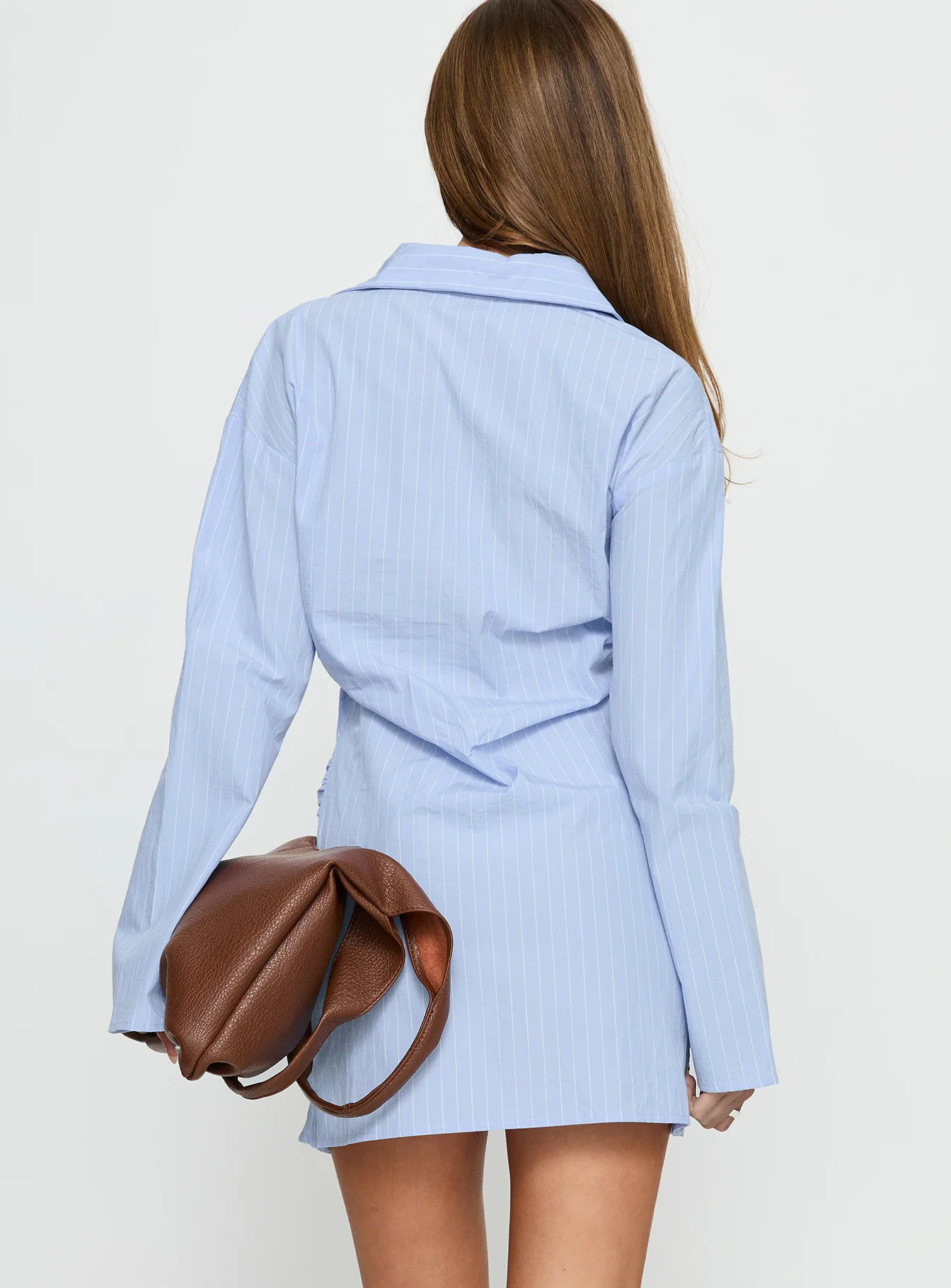 Well Versed Long Sleeve Ruched Shirt Mini Dress Blue