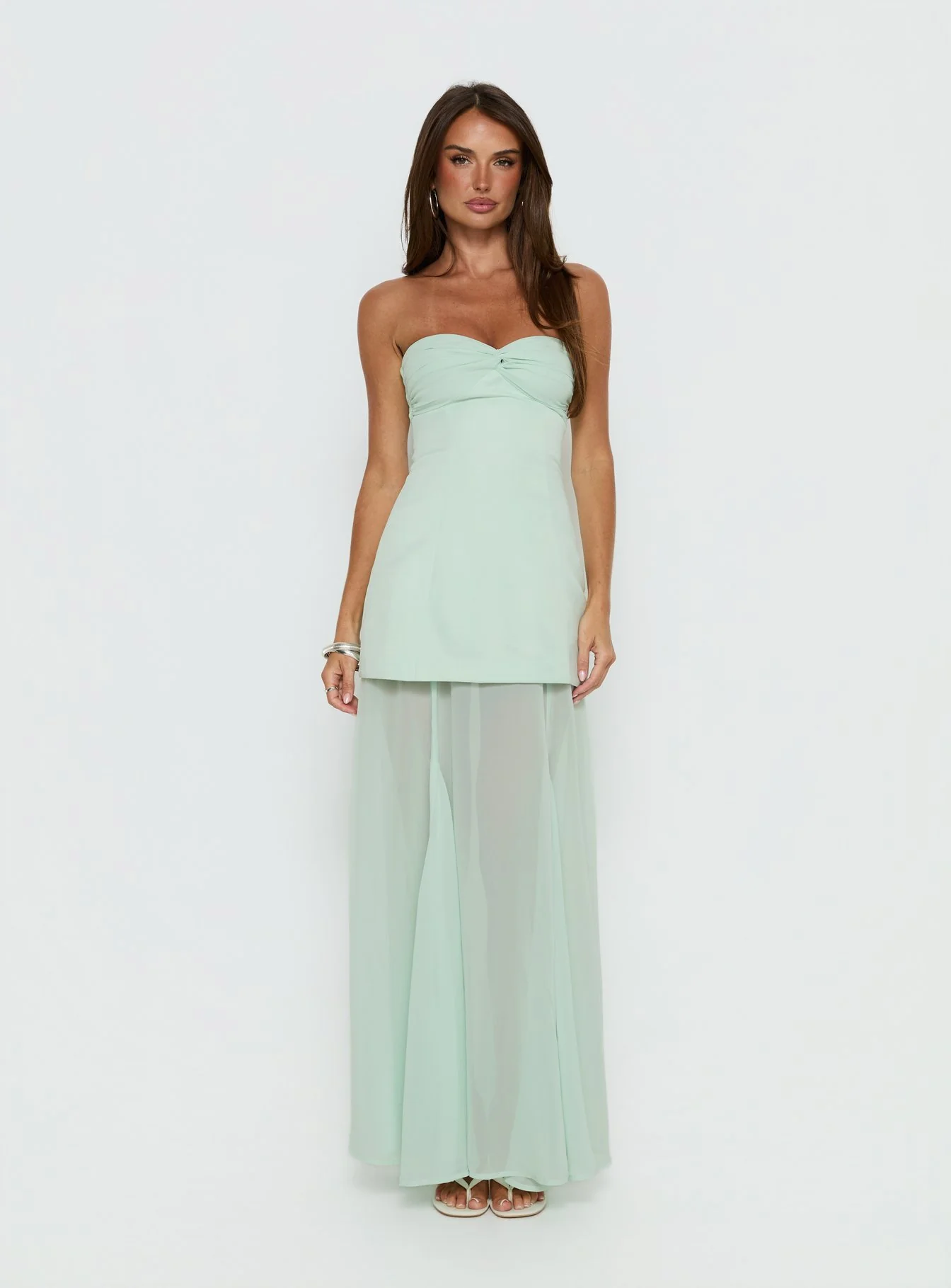 Flashy Sheer Chiffon Strapless Maxi Dress Green